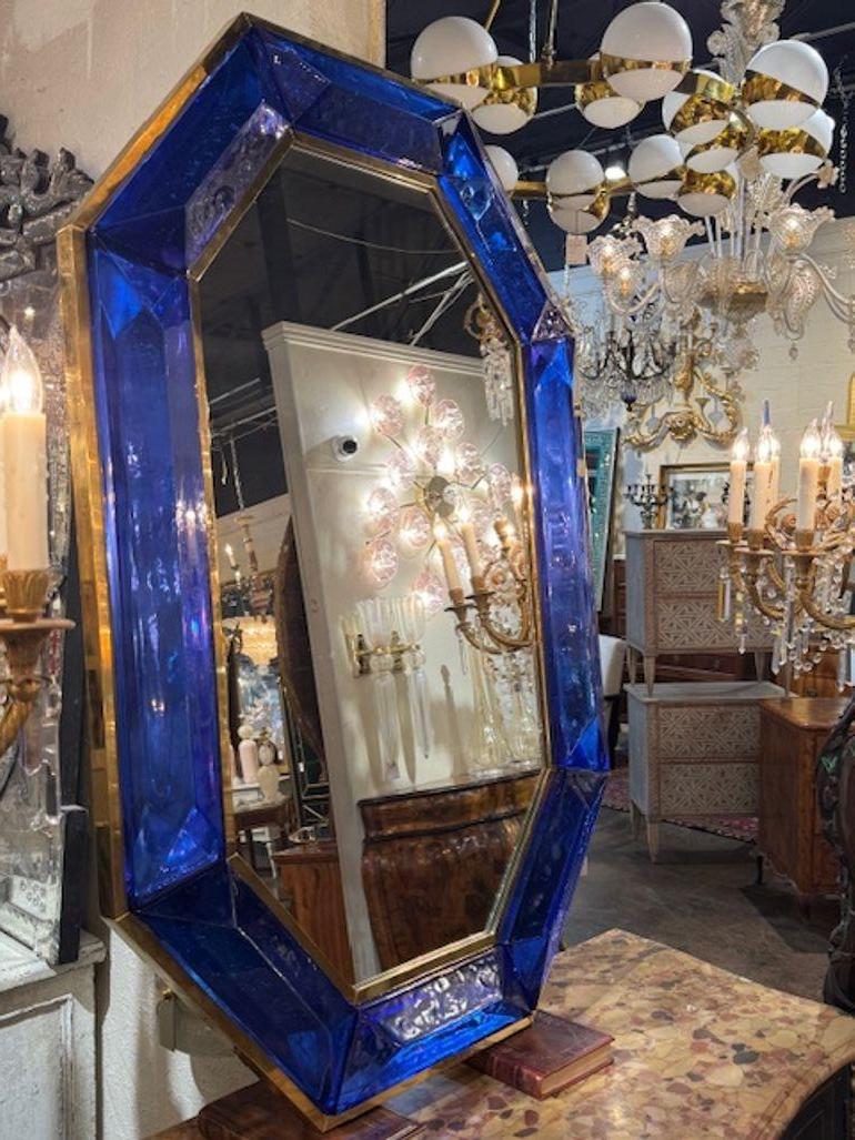 Espejo octogonal moderno de cristal de Murano azul cobalto en Bueno estado para la venta en Dallas, TX