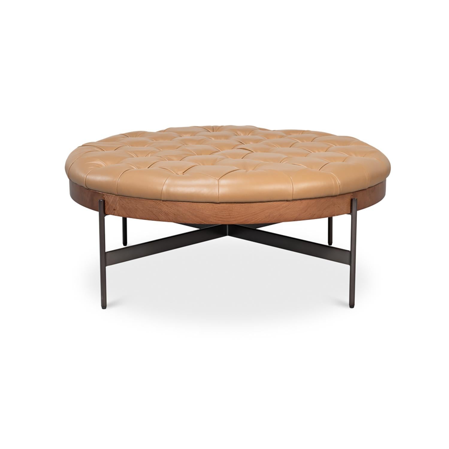 Mid-Century Modern Pouf moderne - Cuir brun caramel en vente