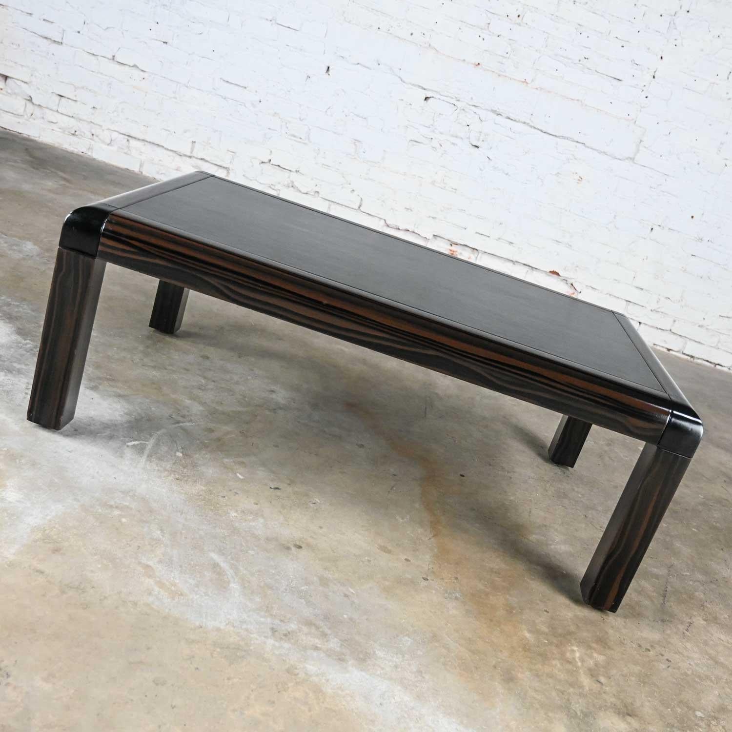 American Modern Coffee Table Black & Faux Lacquer Black Leather Top Signed Karl Springer