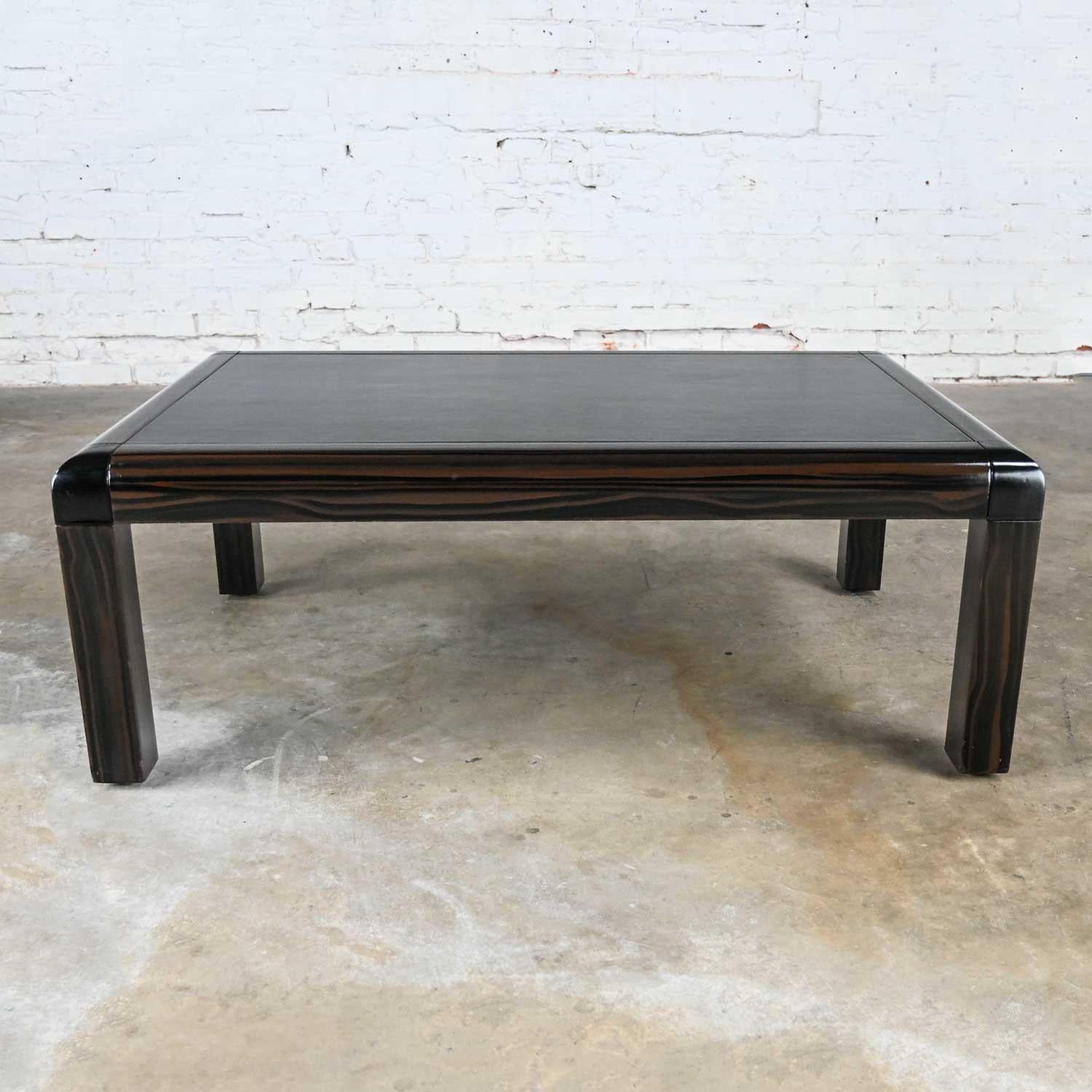 Modern Coffee Table Black & Faux Lacquer Black Leather Top Signed Karl Springer In Good Condition In Topeka, KS