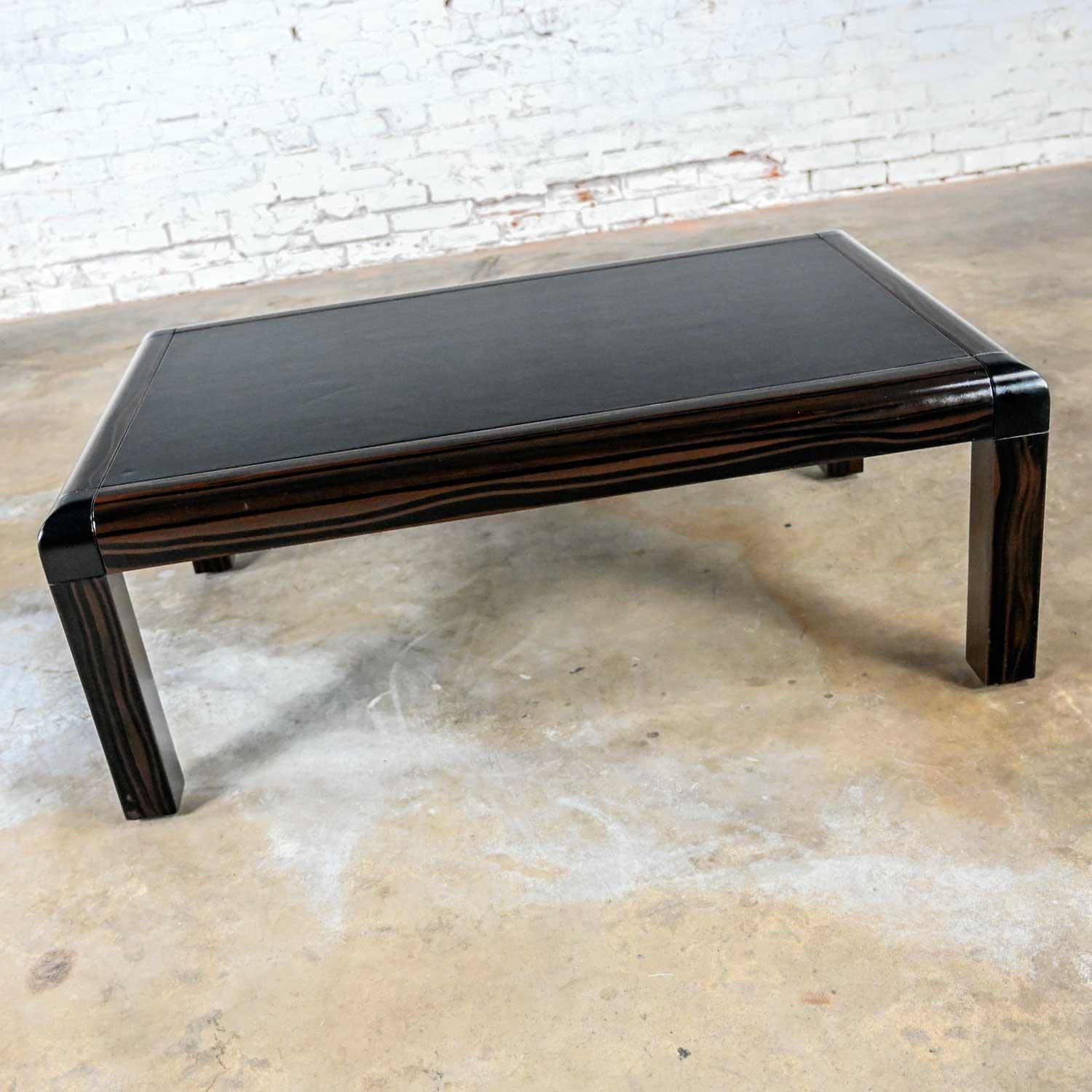 Late 20th Century Modern Coffee Table Black & Faux Lacquer Black Leather Top Signed Karl Springer