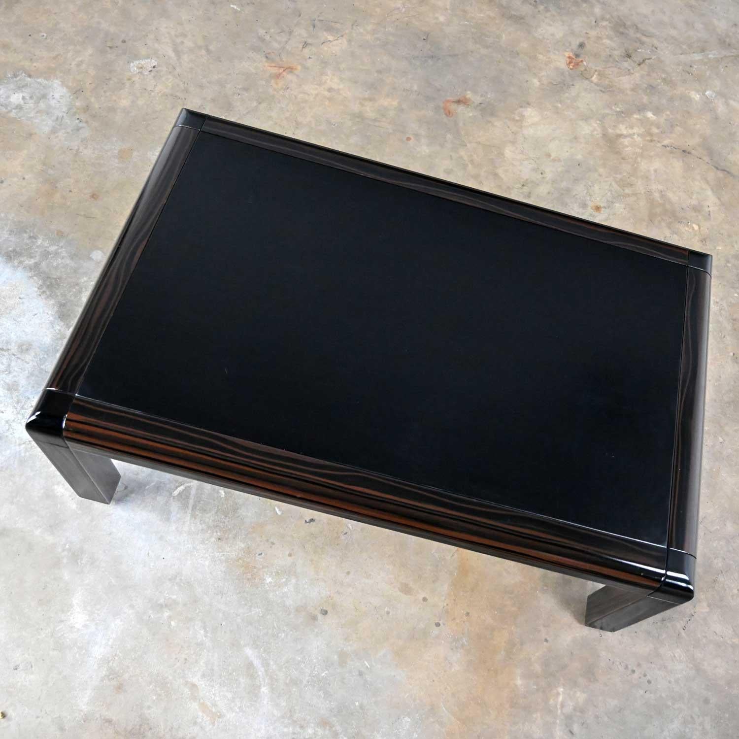 Modern Coffee Table Black & Faux Lacquer Black Leather Top Signed Karl Springer 1