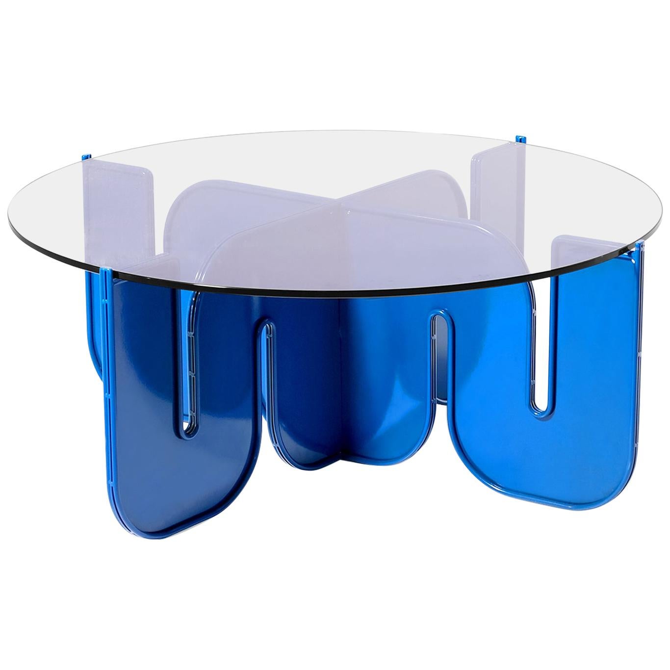 Modern Coffee Table, Flat Pack Center Table in Electric Blue, Clear Glass