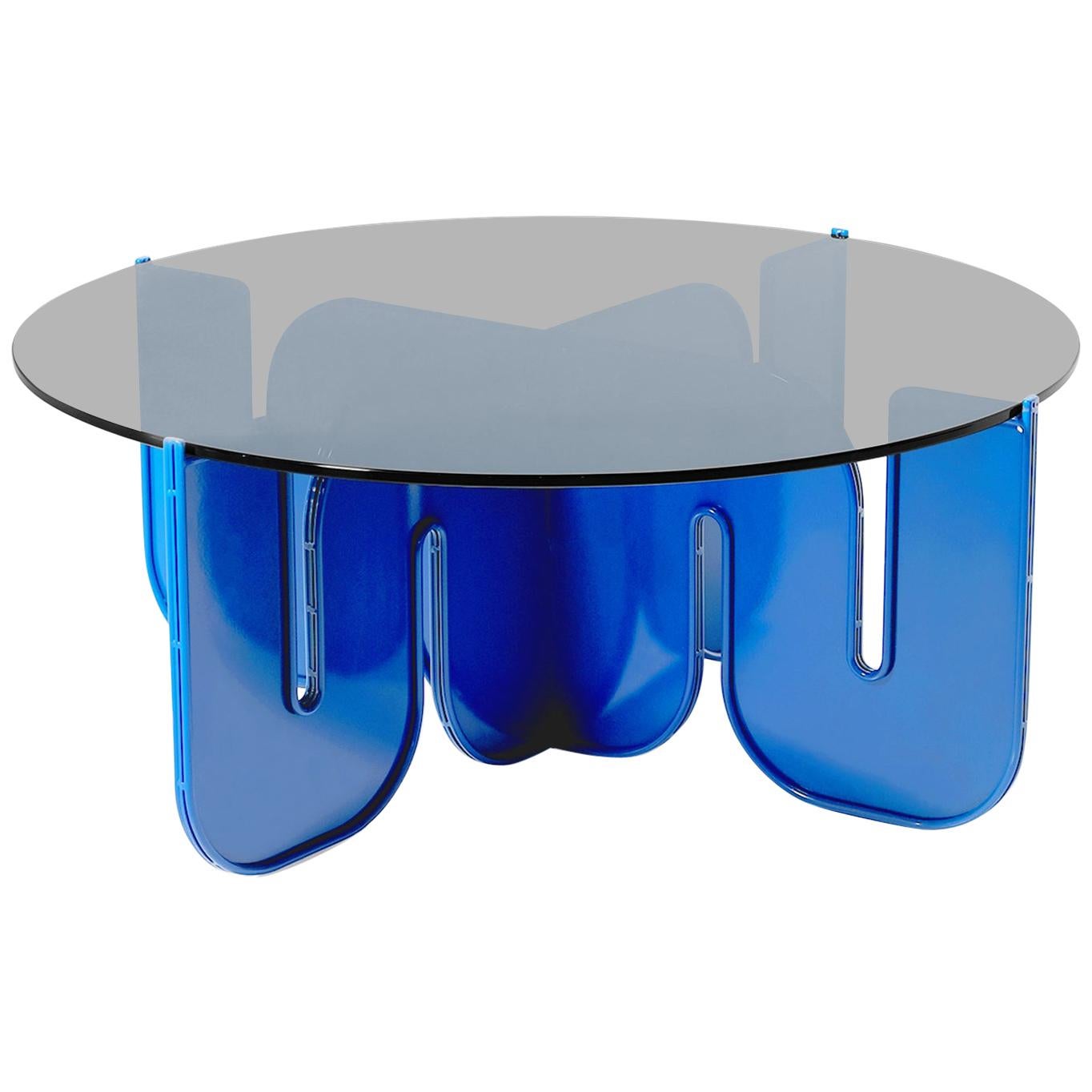 Modern Coffee Table, Flat Pack Center Table in Electric Blue, Smoke Glass