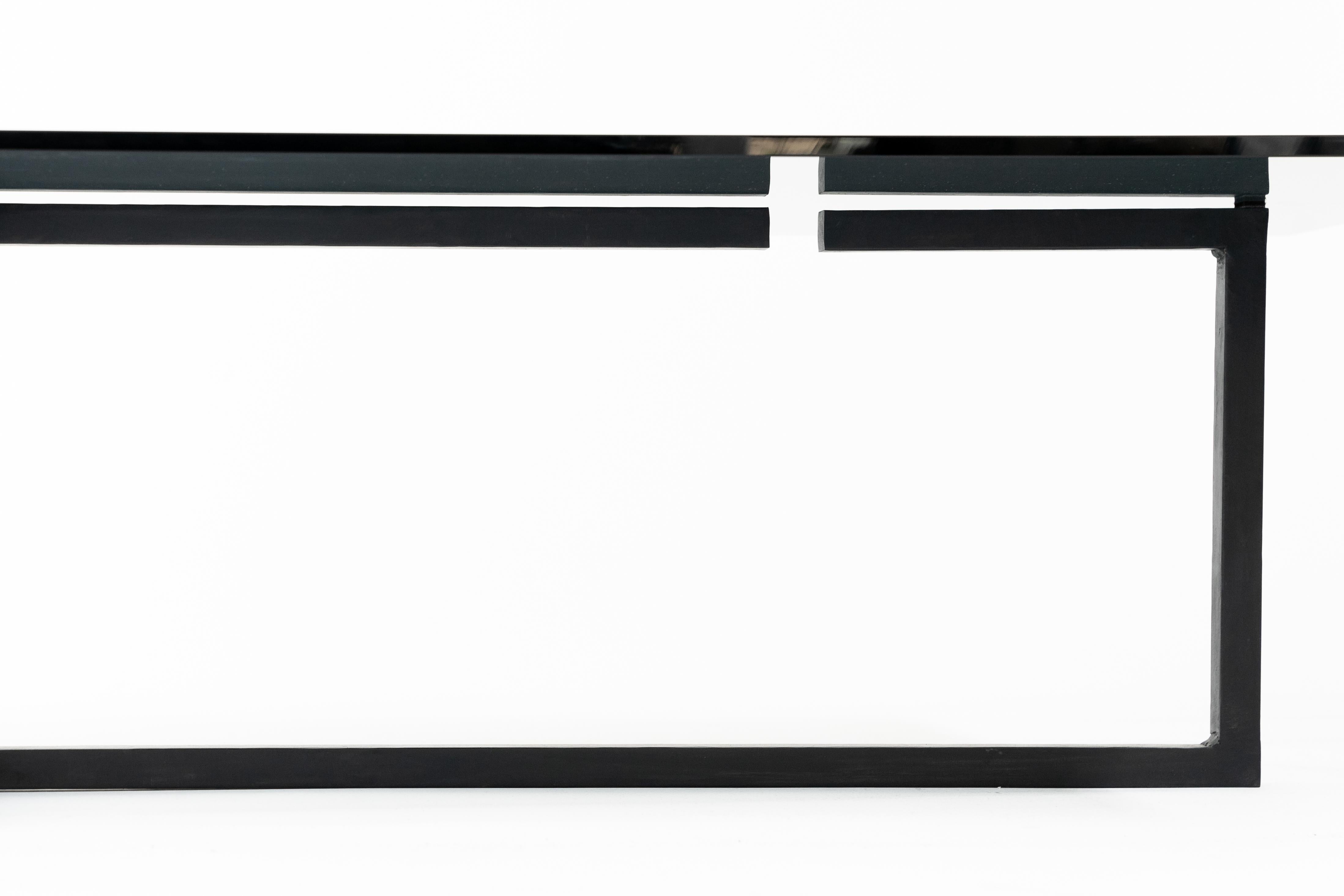 American Coffee Table Modern Dynamic Gap Blackened Steel Waxed Finish Smoked Grey Glass
