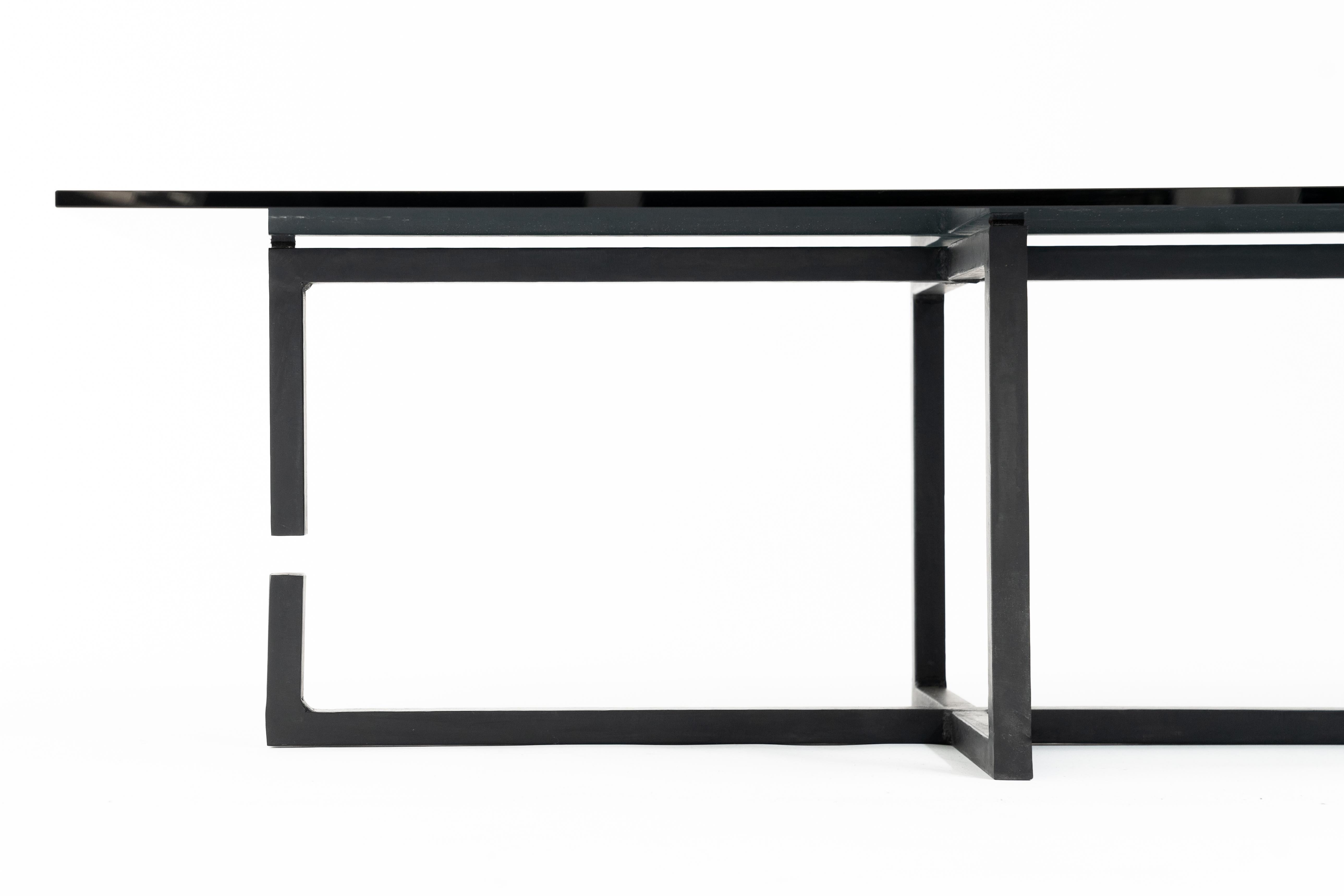 Coffee Table Modern Dynamic Gap Blackened Steel Waxed Finish Smoked Grey Glass  In New Condition In Bronx, NY