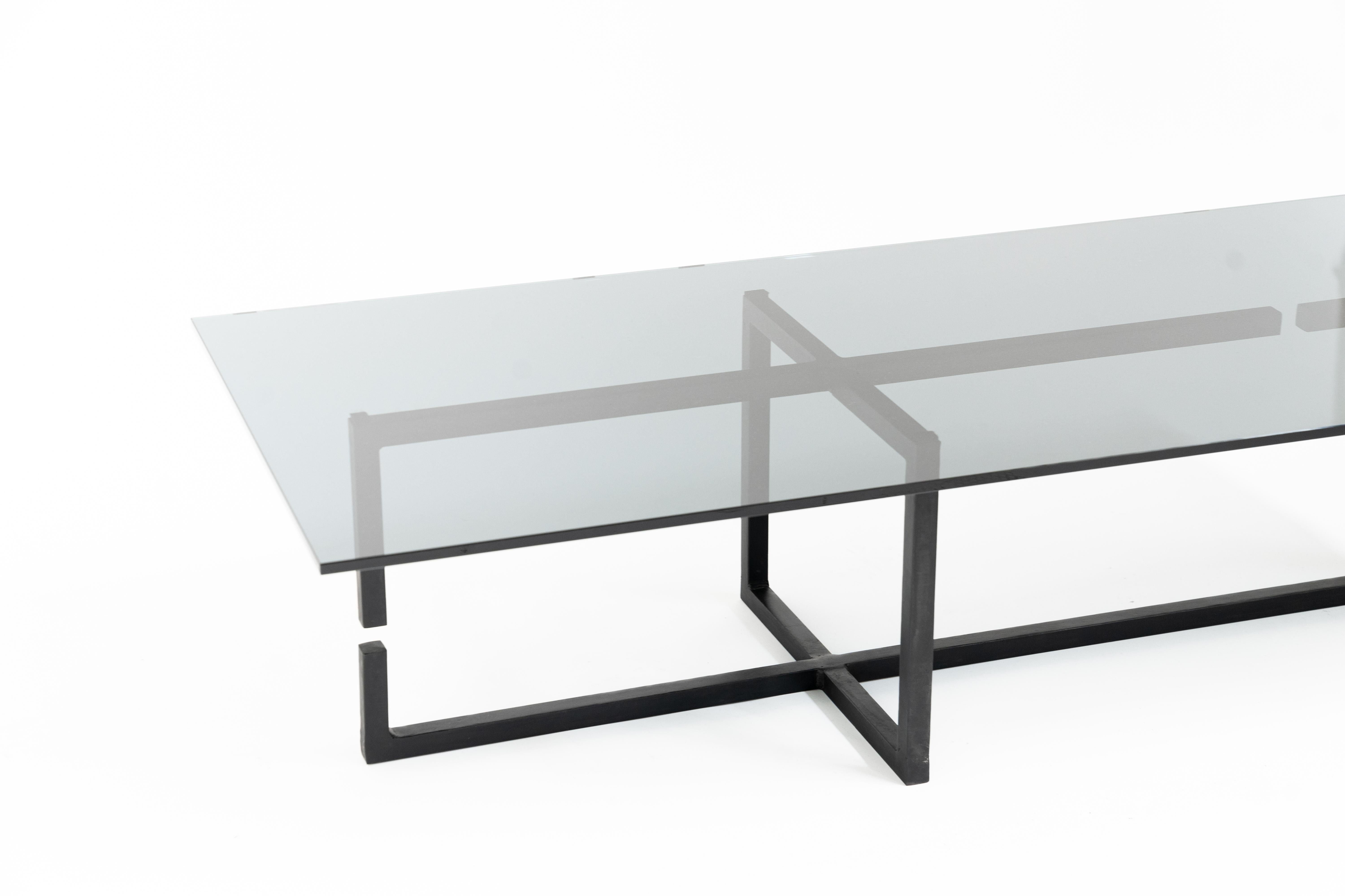 Contemporary Coffee Table Modern Dynamic Gap Blackened Steel Waxed Finish Smoked Grey Glass 