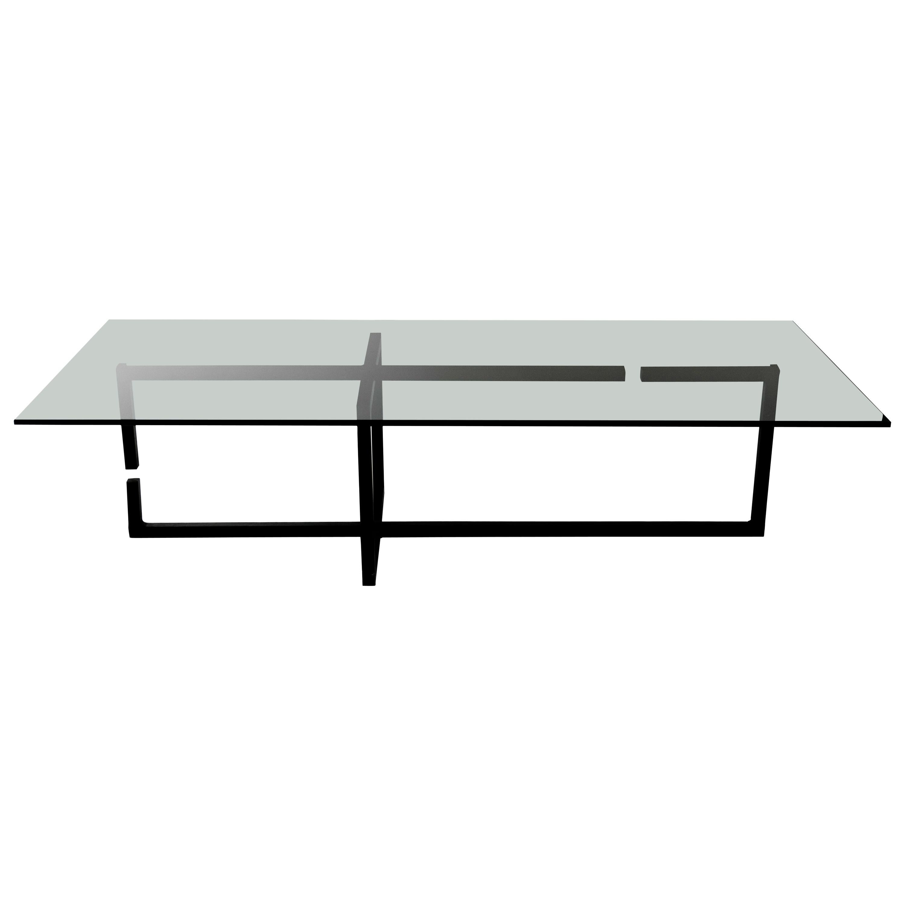 Coffee Table Modern Dynamic Gap Blackened Steel Waxed Finish Smoked Grey Glass 