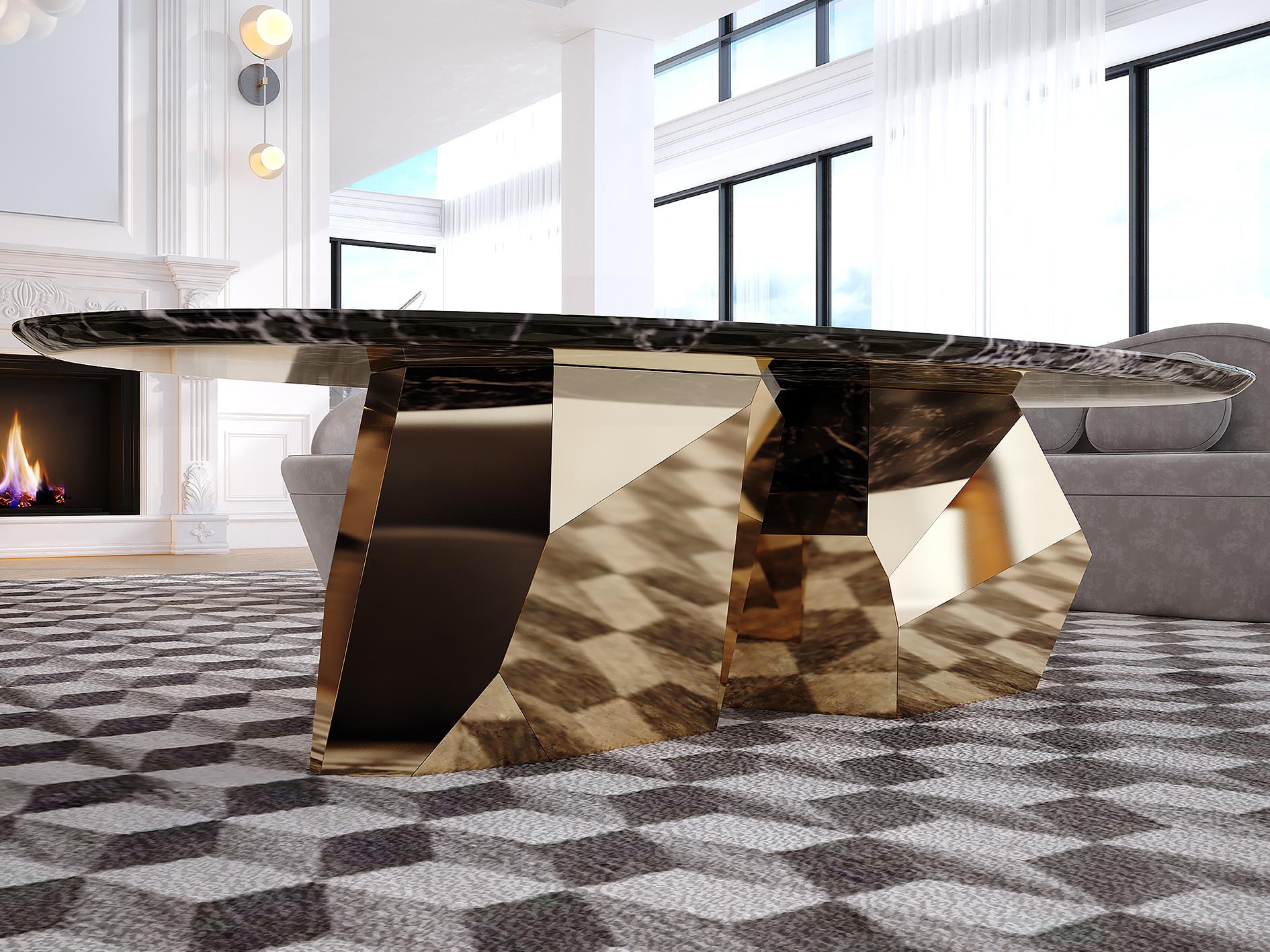 Brutalist Modern Coffee Table in Gold & Curved Marble Table-Top For Sale