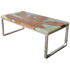 Modern Coffee Table in Teak Root and Resin with Stainless Steel Base