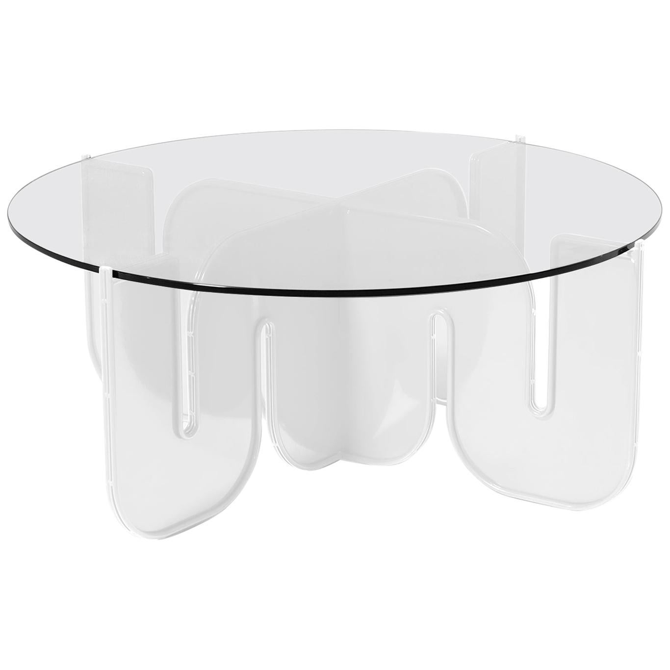 Modern Coffee Table, Minimalist Flat Pack Center Table in White, Clear Glass