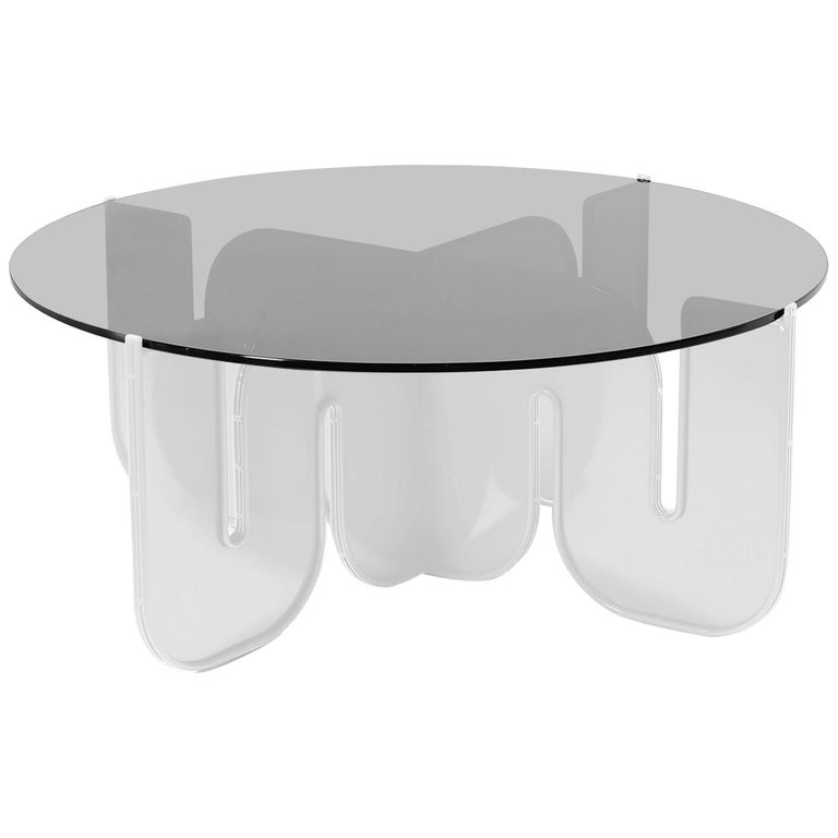 Modern Coffee Table, Minimalist Flat Pack Center Table in White, Smoke Glass For Sale