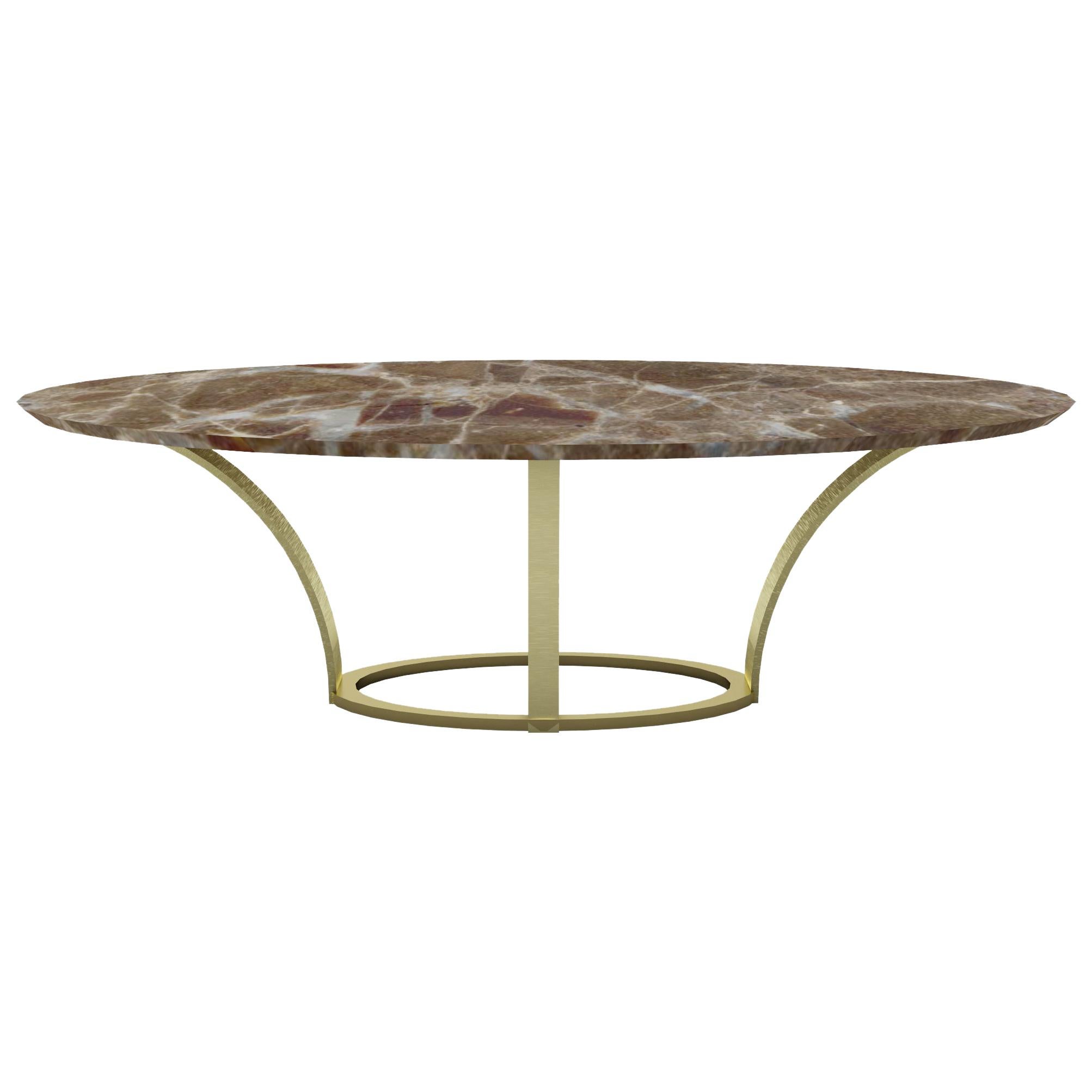 Modern Coffee Table, Oval Marble Emparador and Steel Base with Brass Finishing For Sale