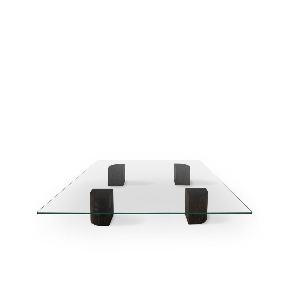 Danois Table basse moderneQuarter, plateau carré en verre, chêne fumé, bas en vente