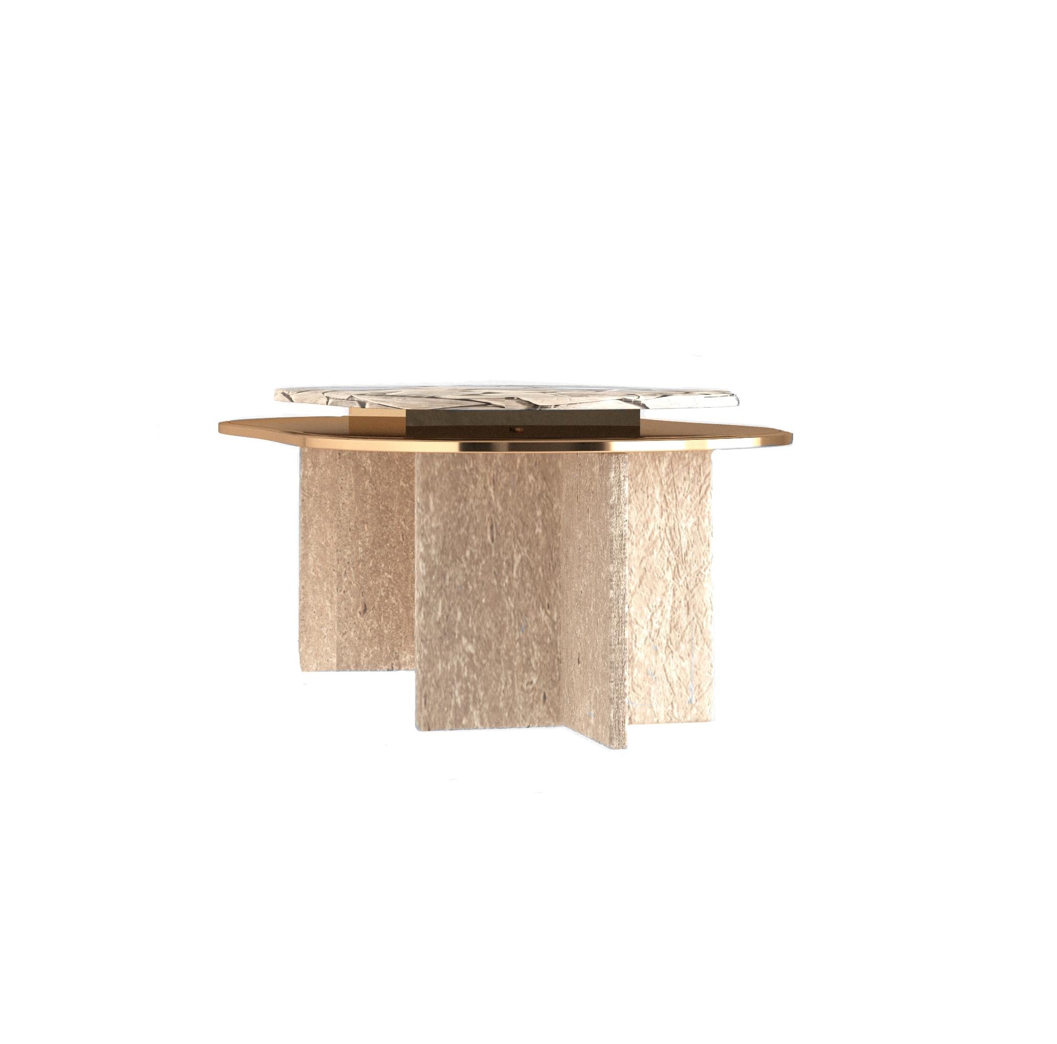 Modern Contemporary Polished Brass and Travertine Coffee Table by Alter Ego Studio For Sale