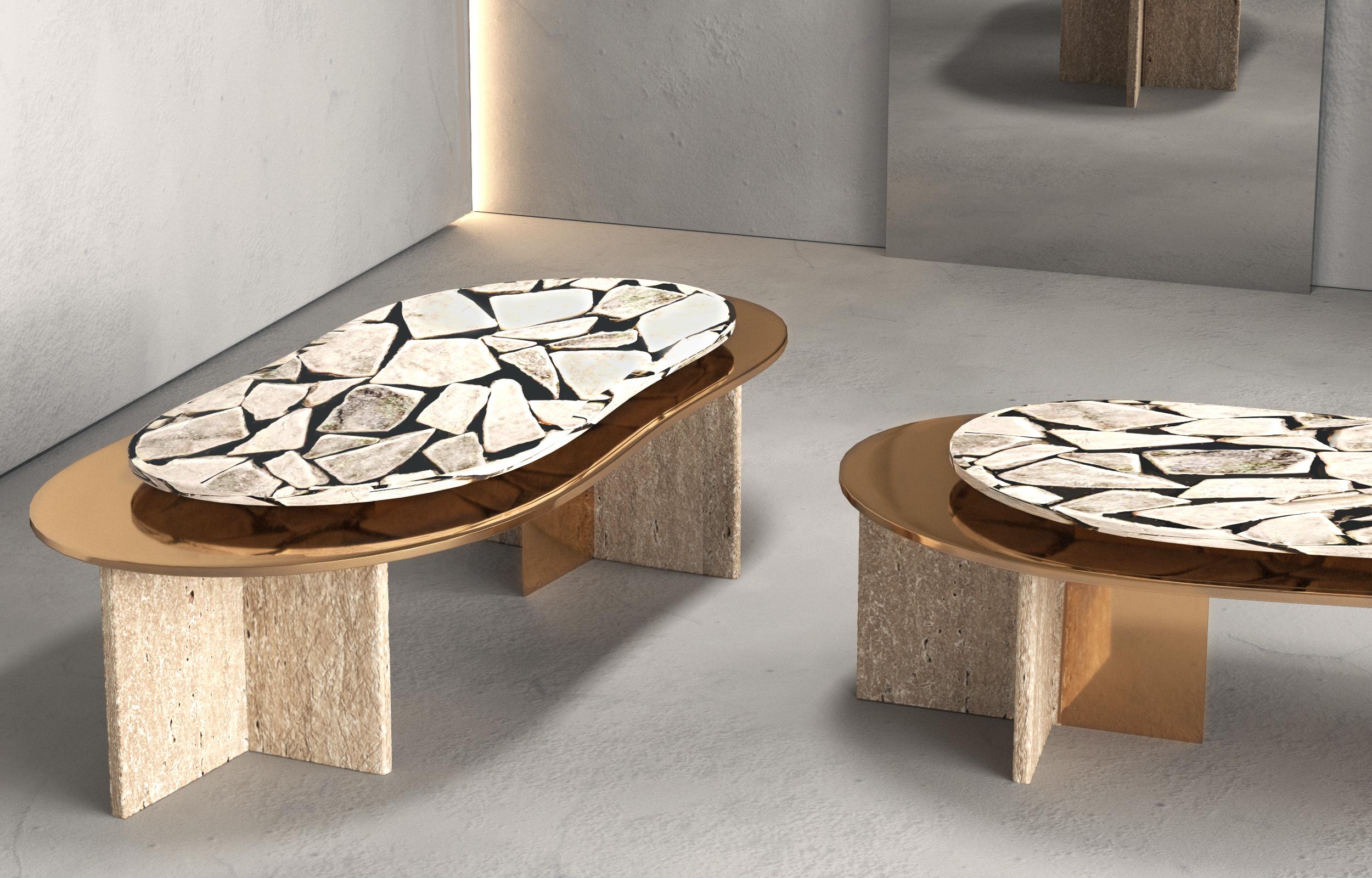 Russian Contemporary Polished Brass and Travertine Coffee Table by Alter Ego Studio For Sale