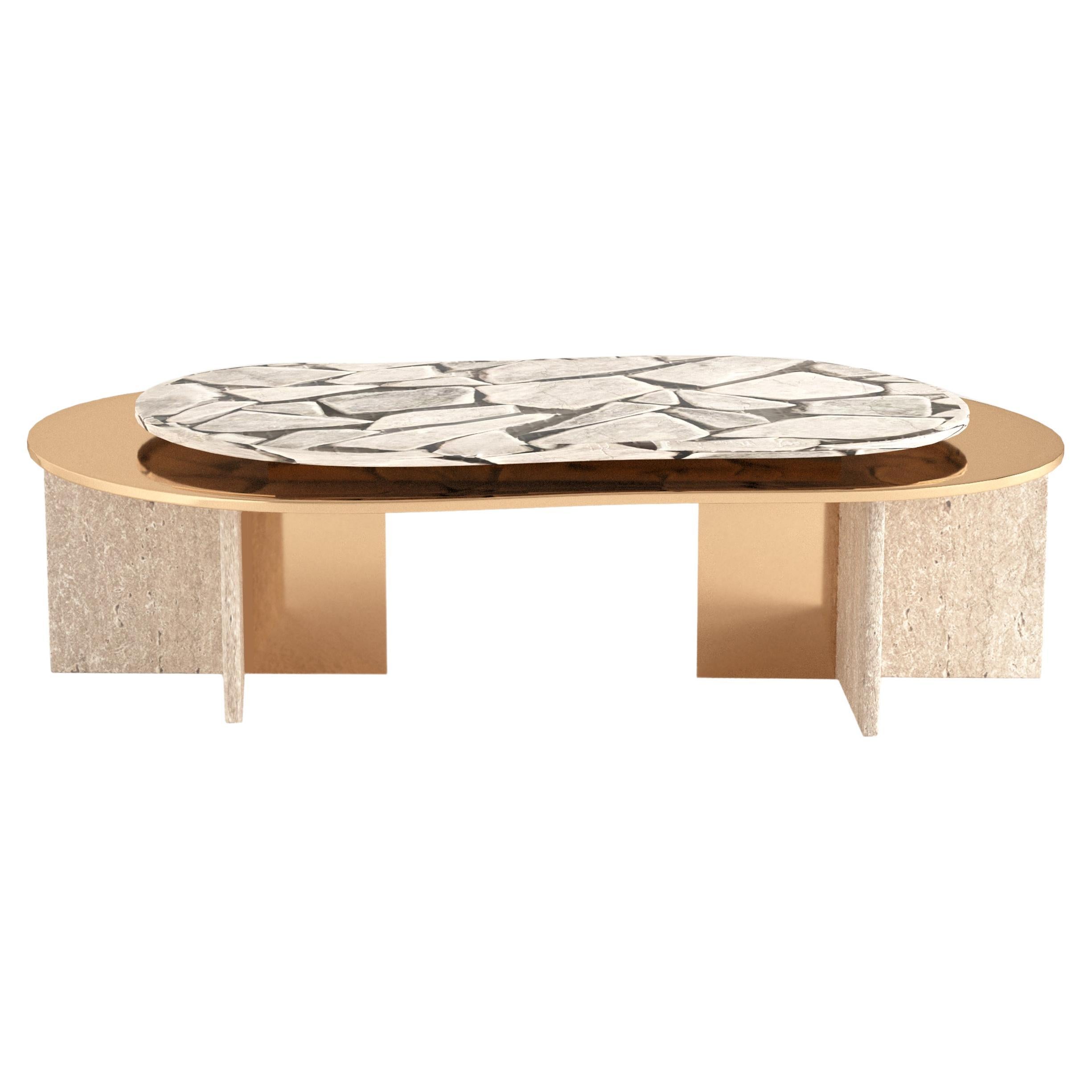Contemporary Polished Brass and Travertine Coffee Table by Alter Ego Studio For Sale