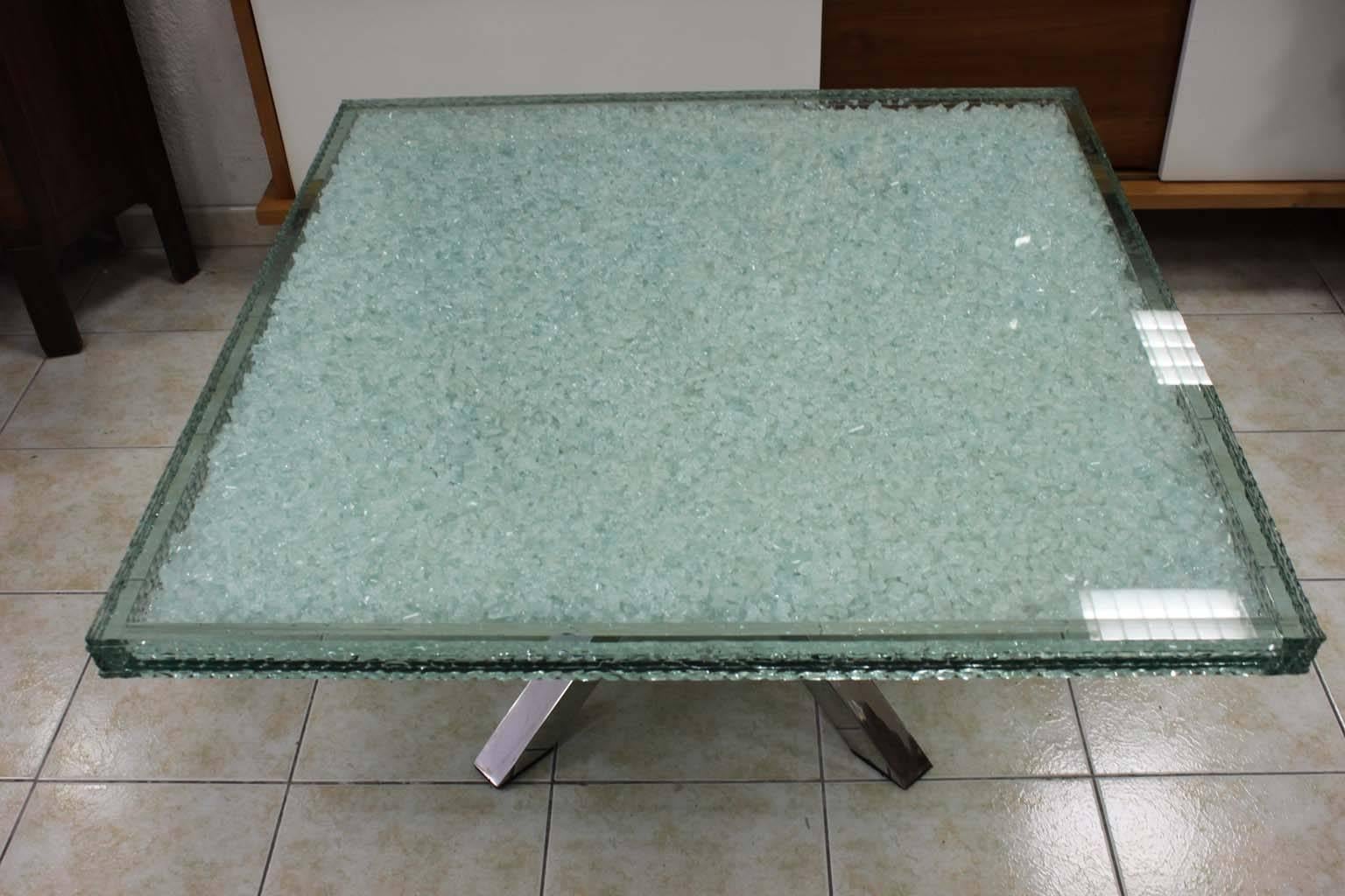 French Modern Coffee Table with Glass Crystals, Stainless Steel Base For Sale