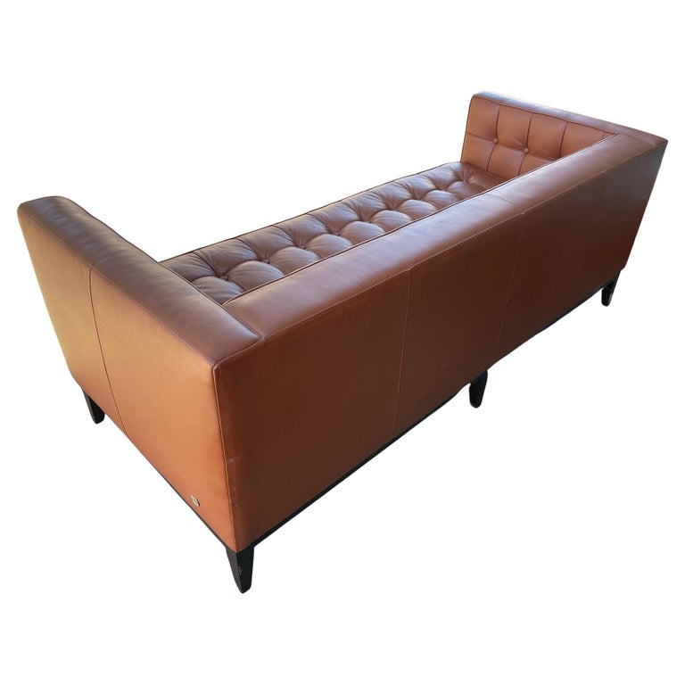 Modern Cognac Brown Tufted Leather Sofa by American Leather For Sale at