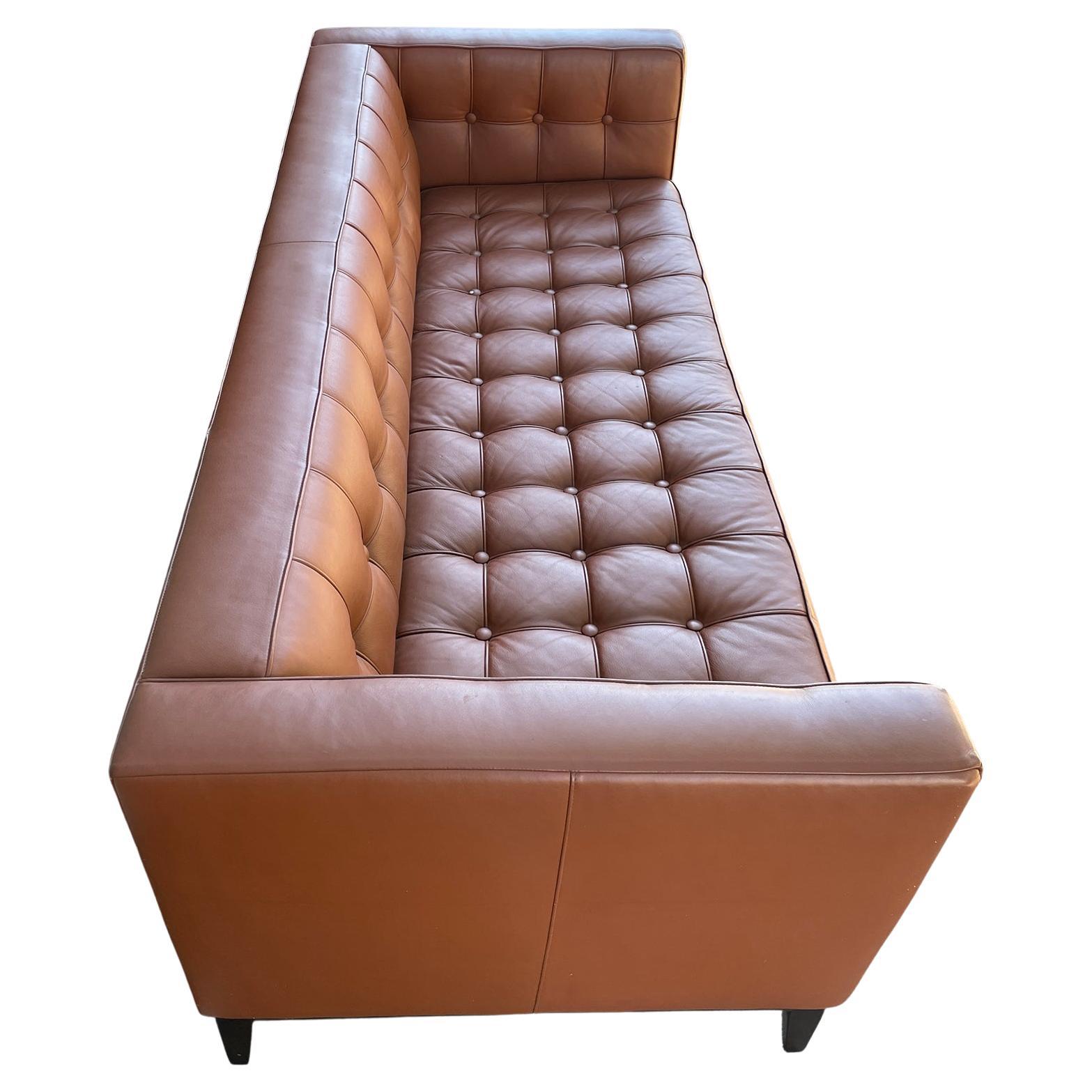 Mid-Century Modern Modern Cognac Brown Tufted Leather Sofa by American Leather