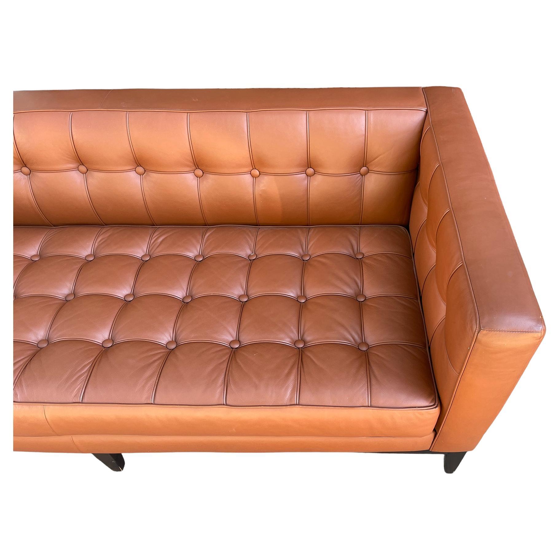 Woodwork Modern Cognac Brown Tufted Leather Sofa by American Leather