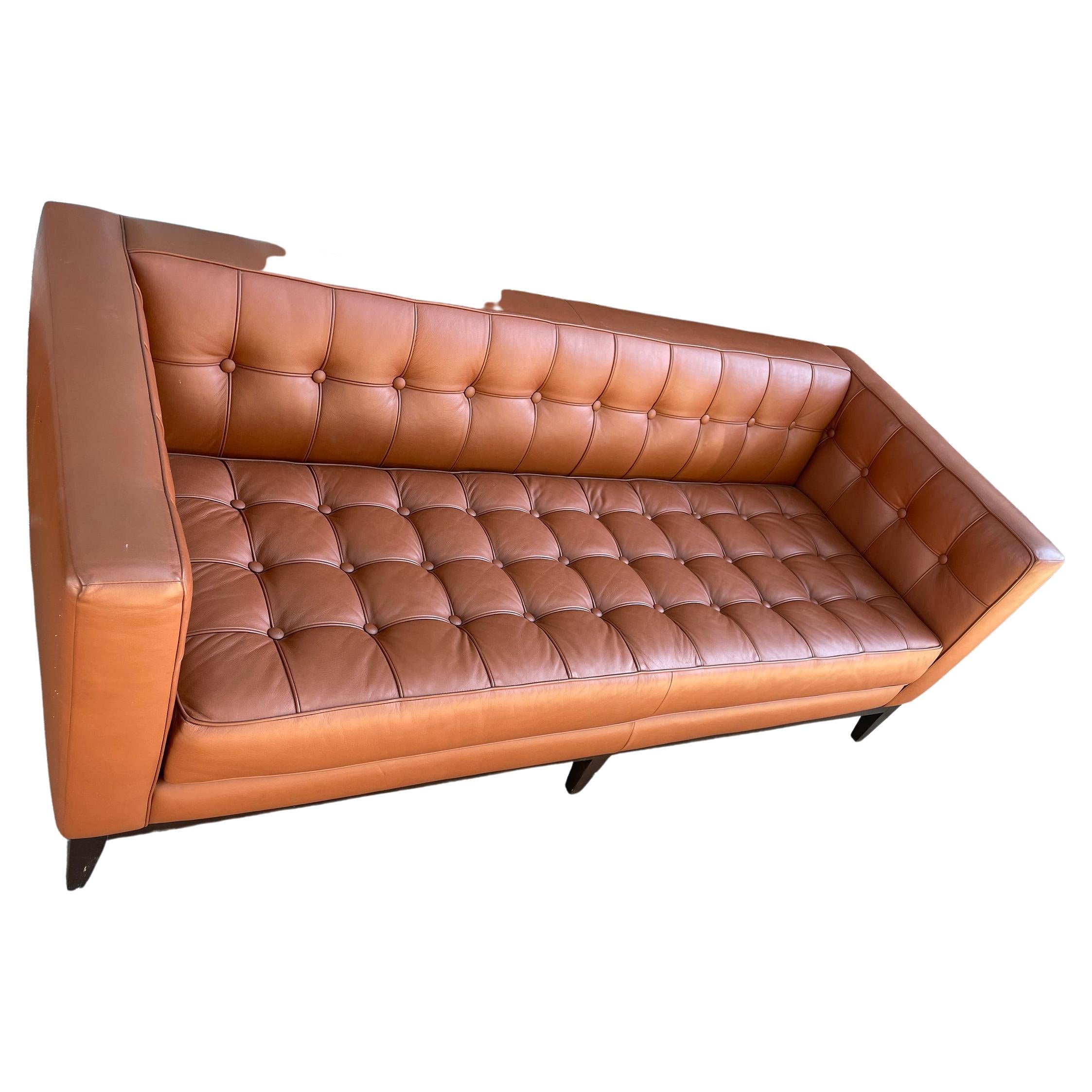 Modern Cognac Brown Tufted Leather Sofa by American Leather In Good Condition In BROOKLYN, NY