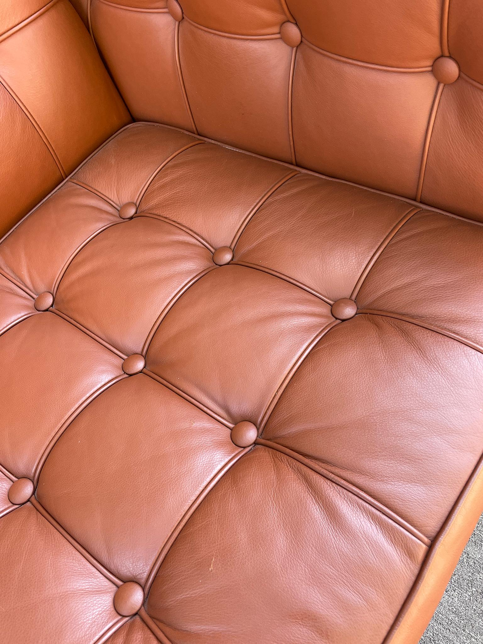 Contemporary Modern Cognac Brown Tufted Leather Sofa by American Leather