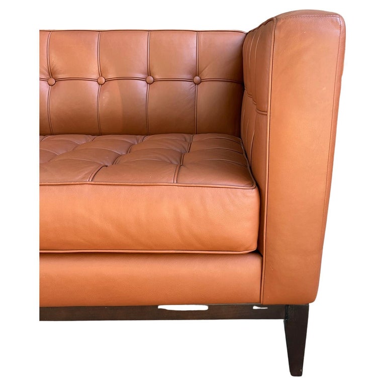 Modern Cognac Brown Tufted Leather Sofa by American Leather For Sale at