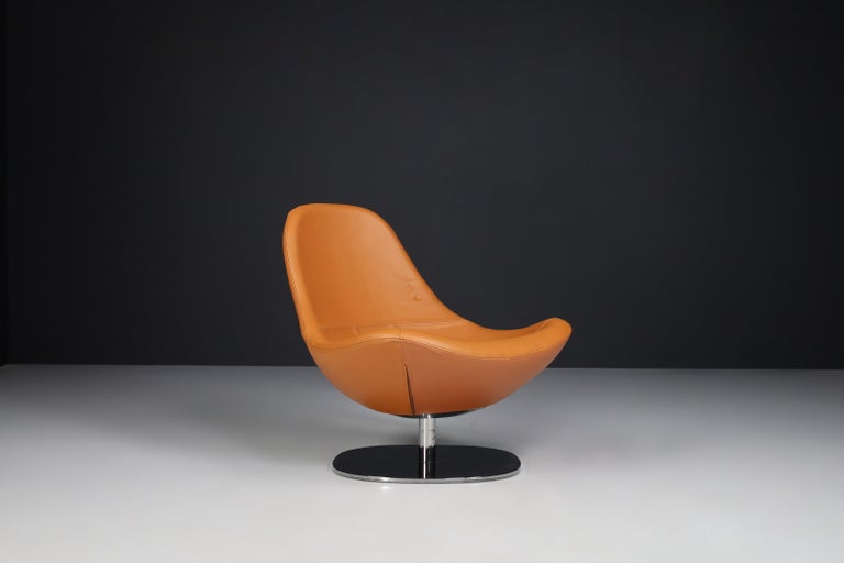 Modern Cognac Leather Swivel Lounge Chairs, Italy, 1970s at 1stDibs
