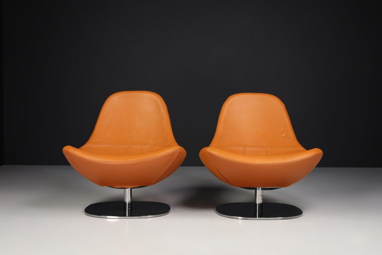 Modern Cognac Leather Swivel Lounge Chairs, Italy, 1970s at 1stDibs