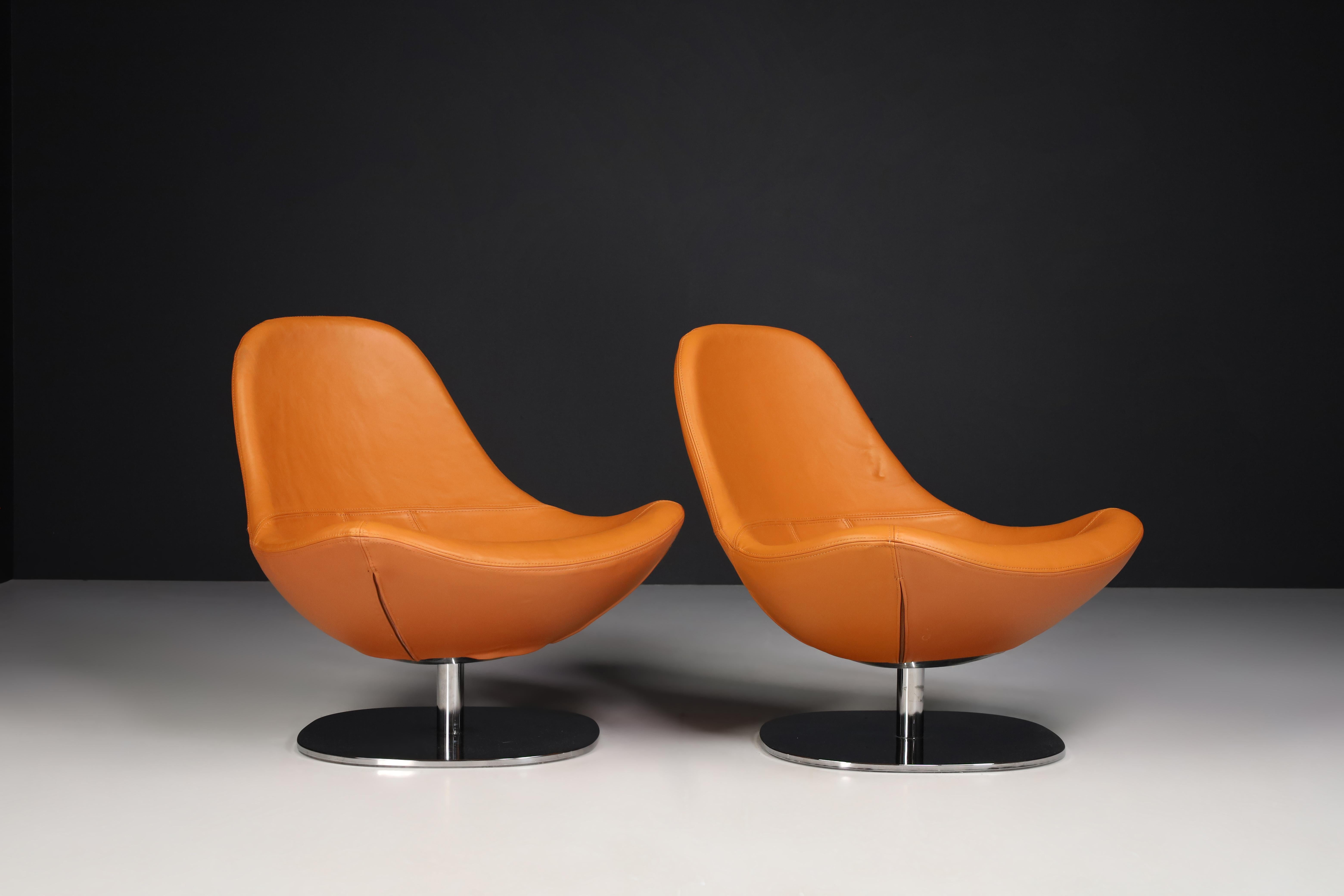 Modern Cognac Leather Swivel Lounge Chairs, Italy, 1970s  1