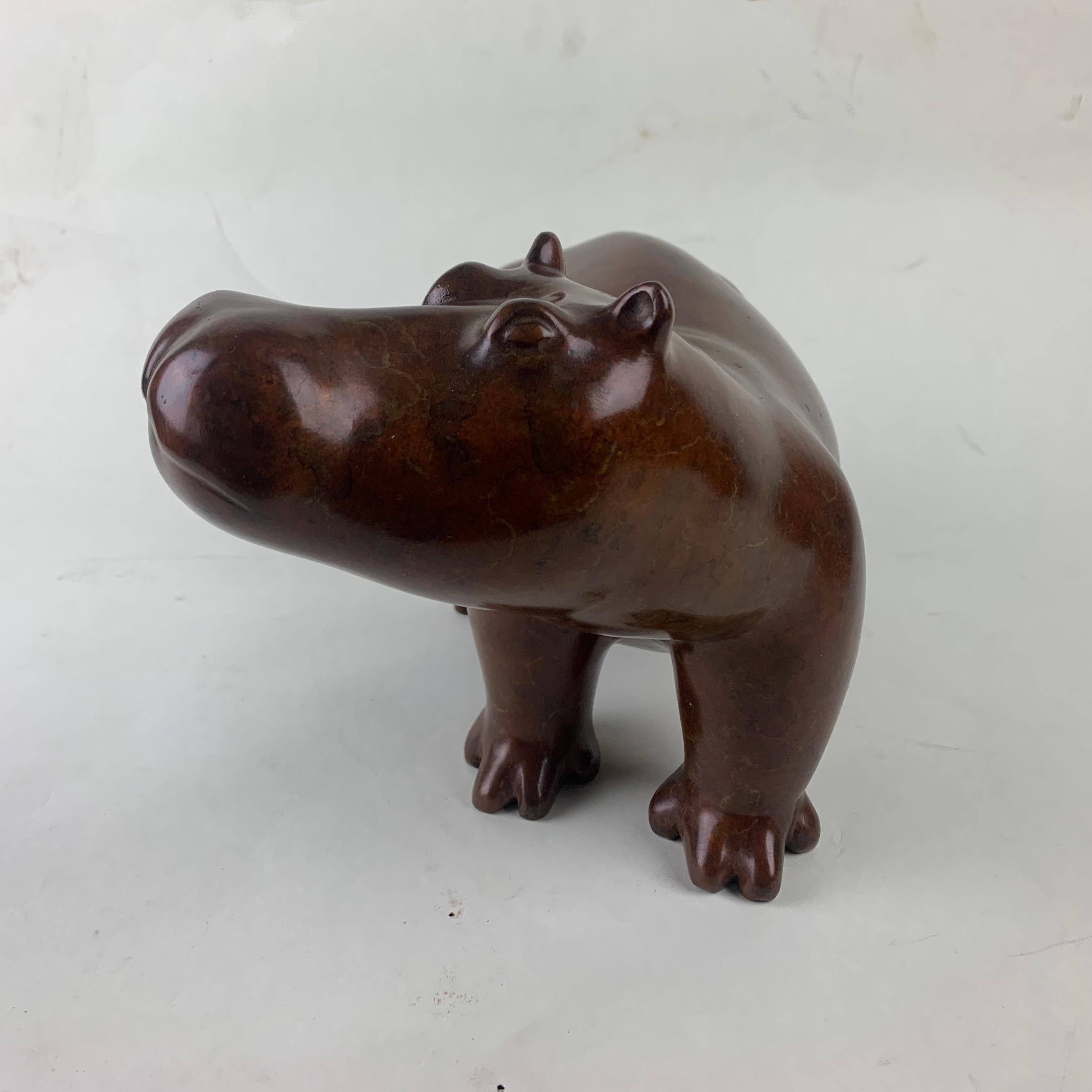 Modern cold painted bronze figure of a Hippopotamus by Anita Mandl F.R.B.S., R.W.A., born 1926, signed with monogram, with mottled brown patina.
