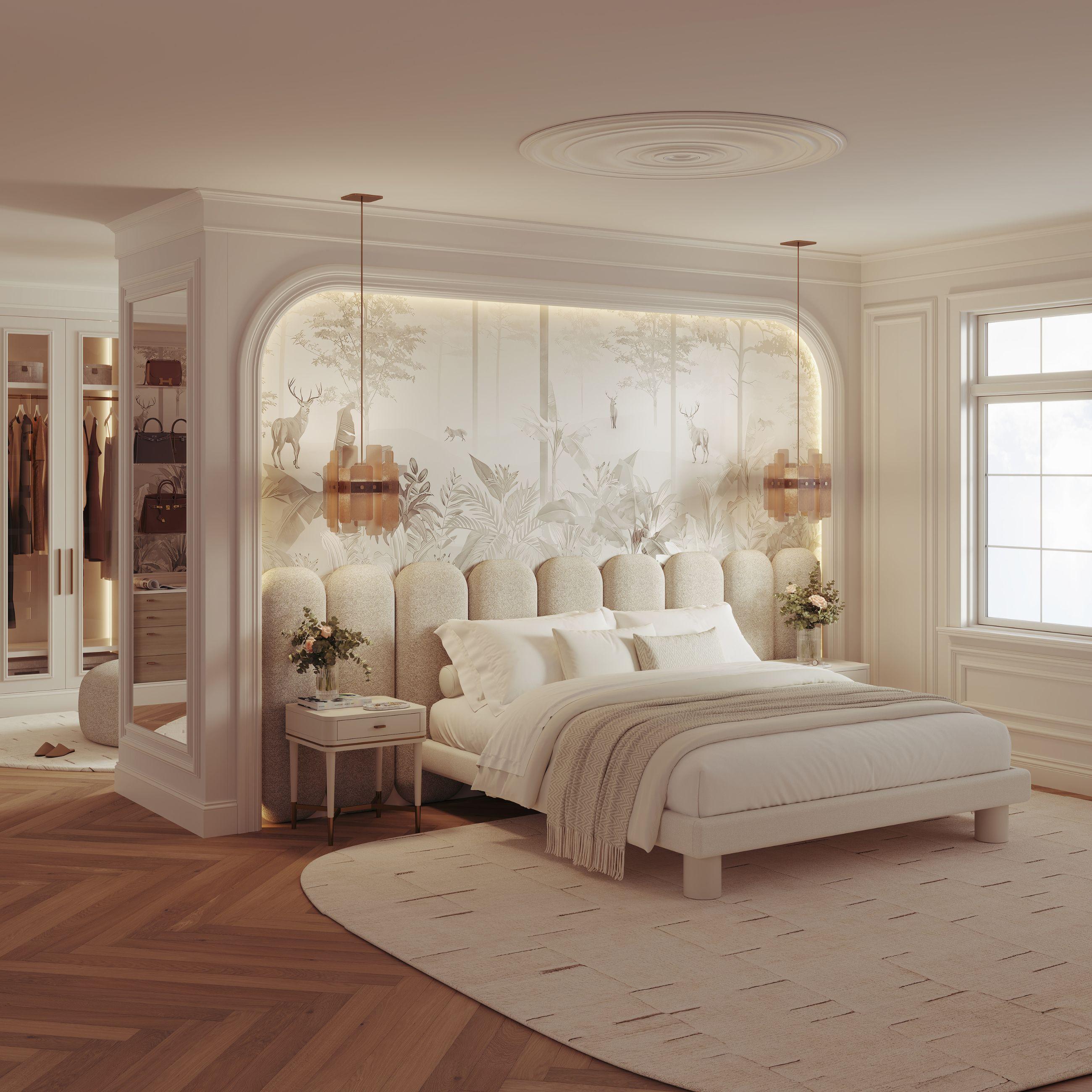 Le lit Colline est un lit de luxe contemporain qui se distingue par son rythme sculptural et sa tête de lit aux contours doux, tapissée de textiles de qualité supérieure pour une expérience sensorielle élevée. Ses panneaux verticaux arrondis créent