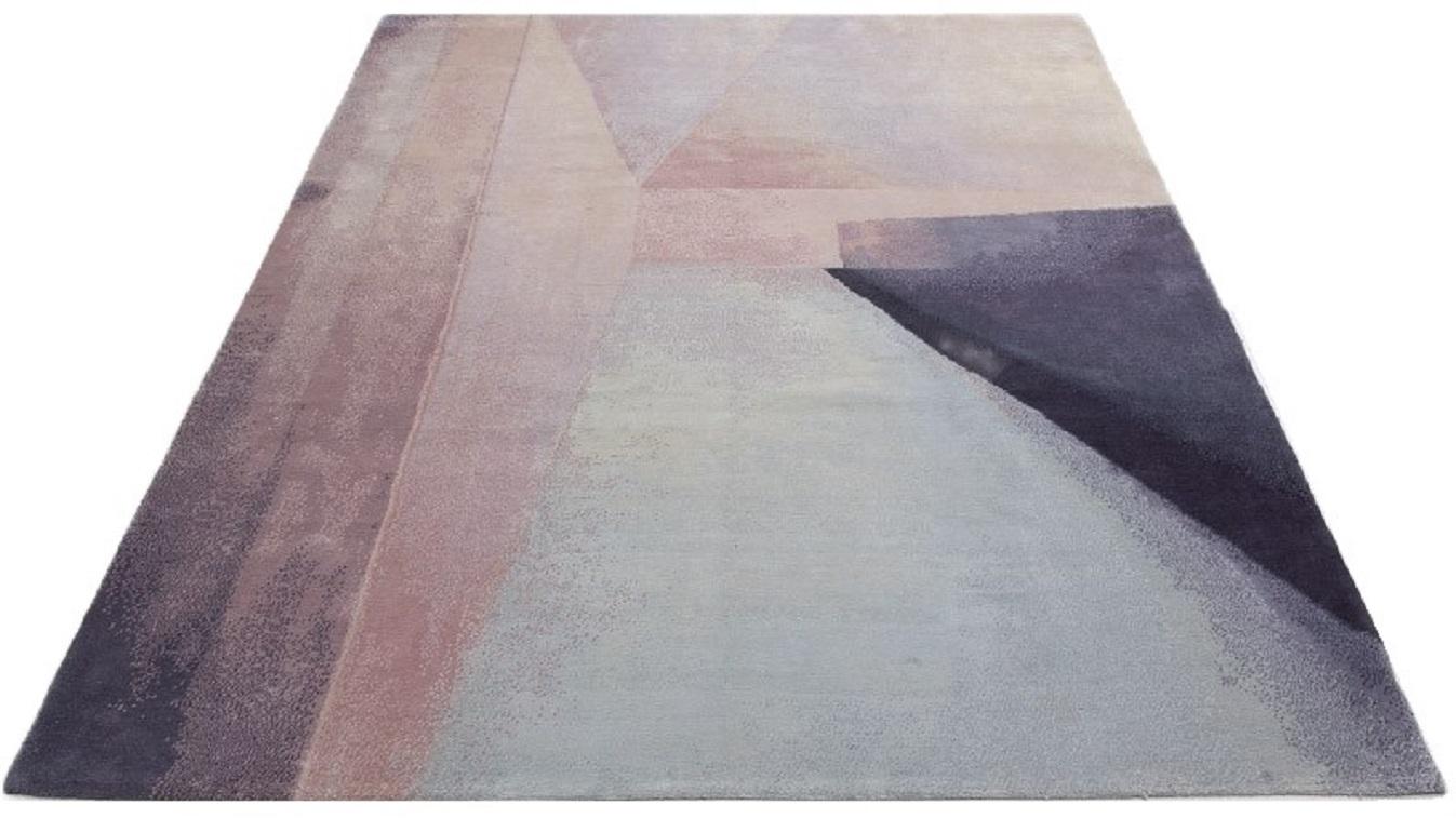 Moderno Modern Color Block Abstract Pink Purple Blue Tappeto di lana e seta annodato a mano in vendita