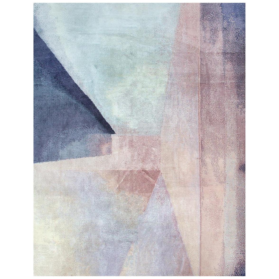 Modern Color Block Abstract Pink Purple Blue Hand Knotted Wool & Silk Rug For Sale