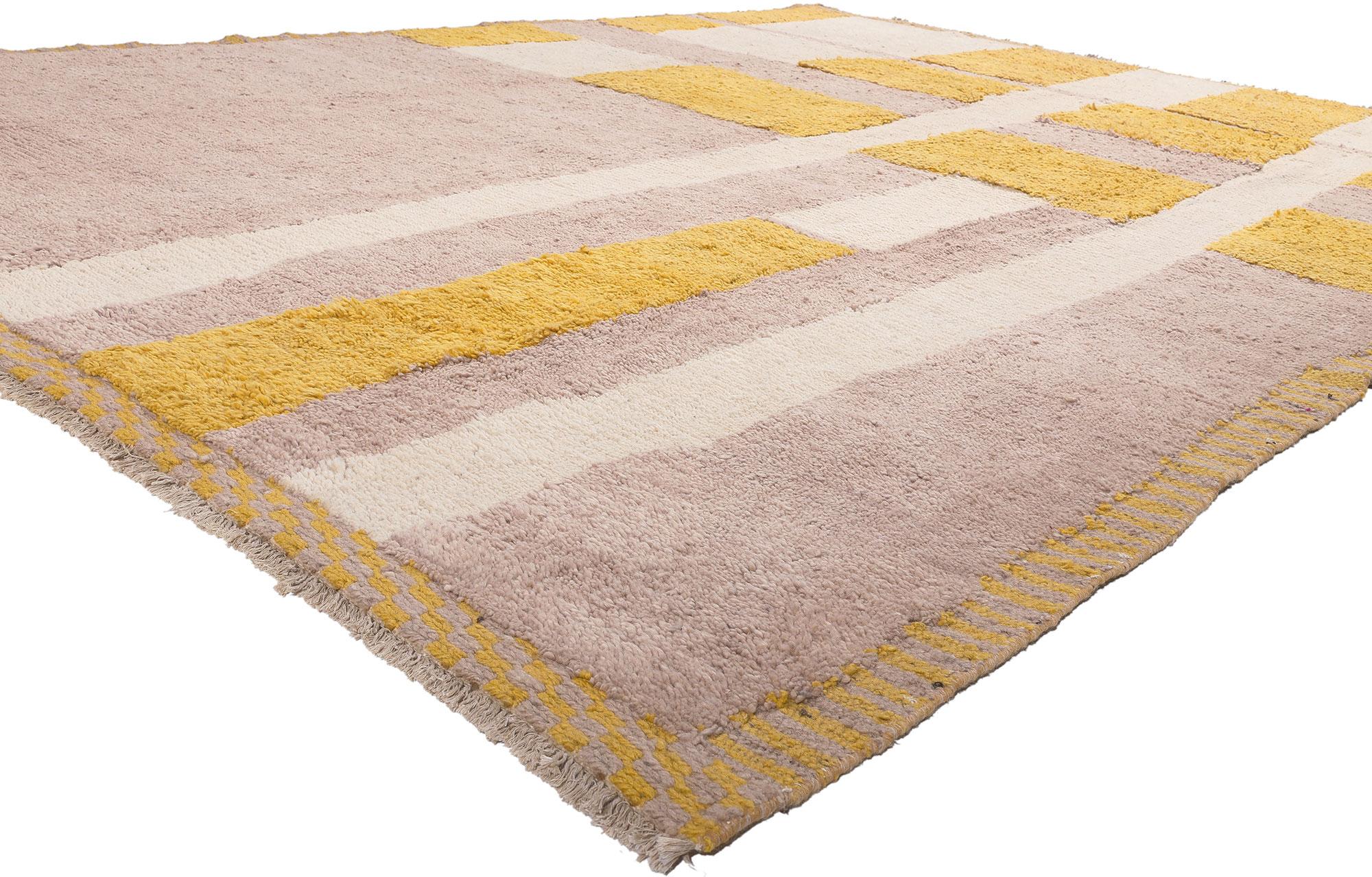 81014 Modern Color Block Moroccan Rug, 08'11 x 11'10. Reflecting elements of Abstract Expressionism with incredible detail and texture, this modern Moroccan area rug is a captivating vision of woven beauty. The eye-catching color block pattern and