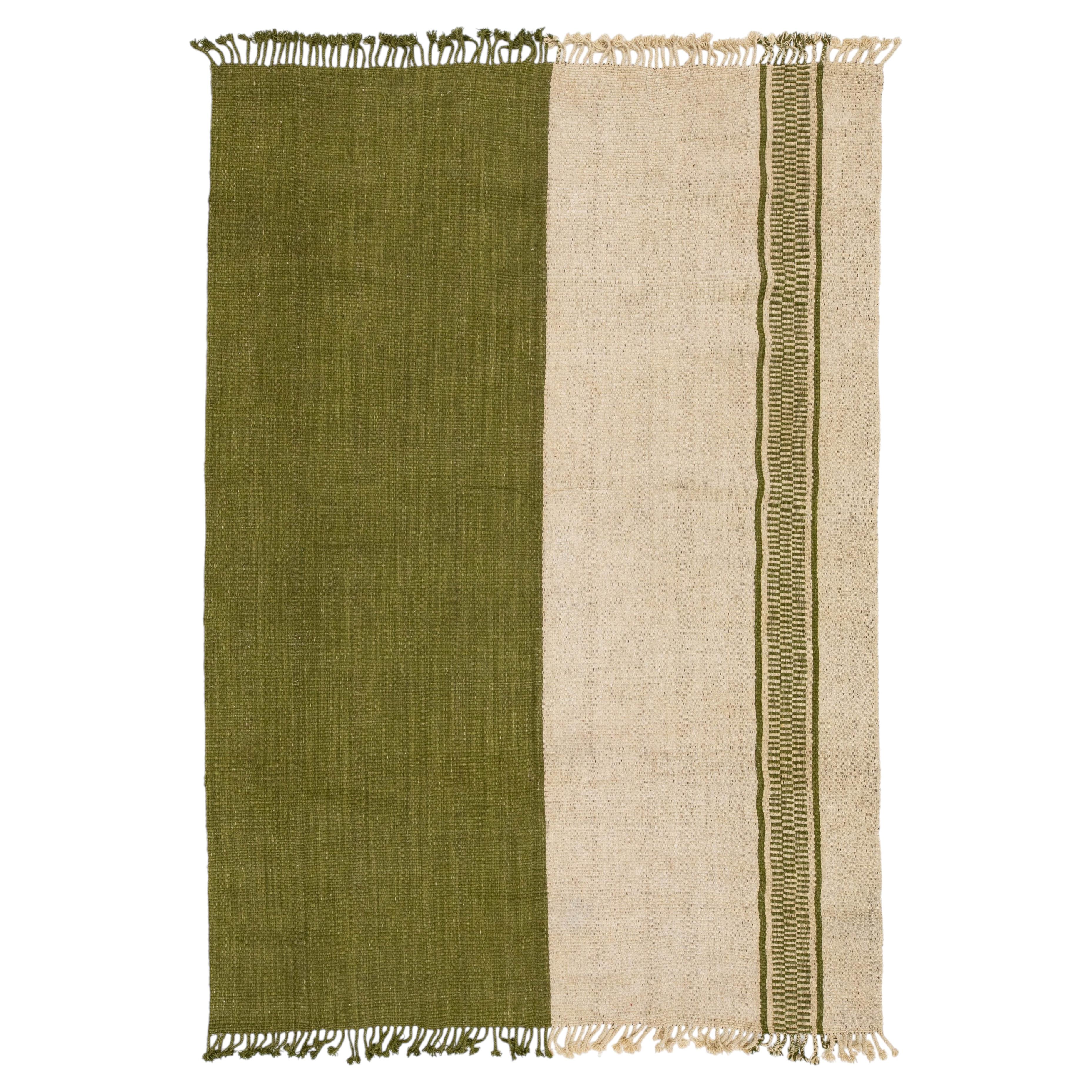 Modern Color-Blocked Kilim: Sage & Cream Flatweave Wool Area Rug 8x12 For Sale