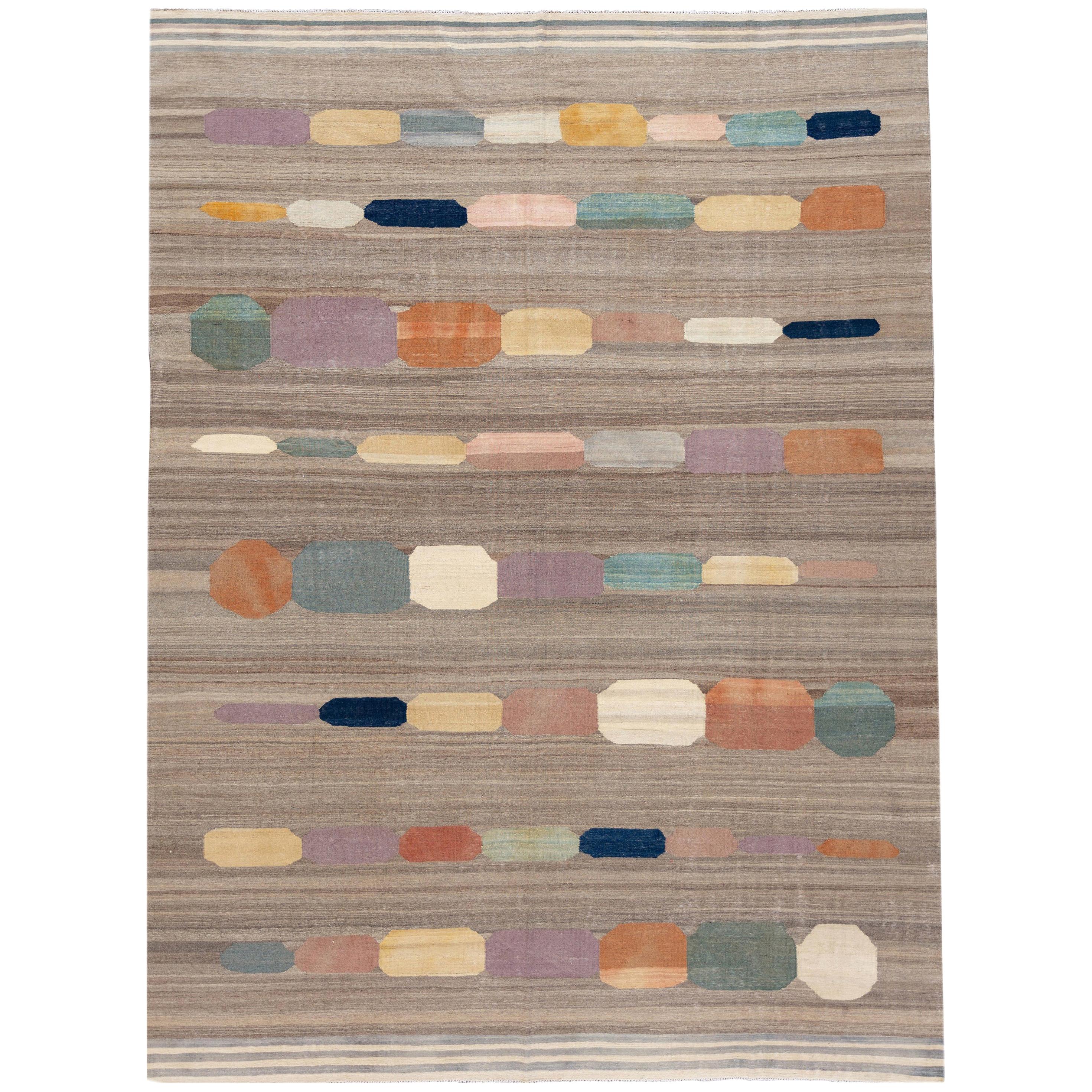 Modern Colorful Flat-Weave Kilim Room Size Wool Rug