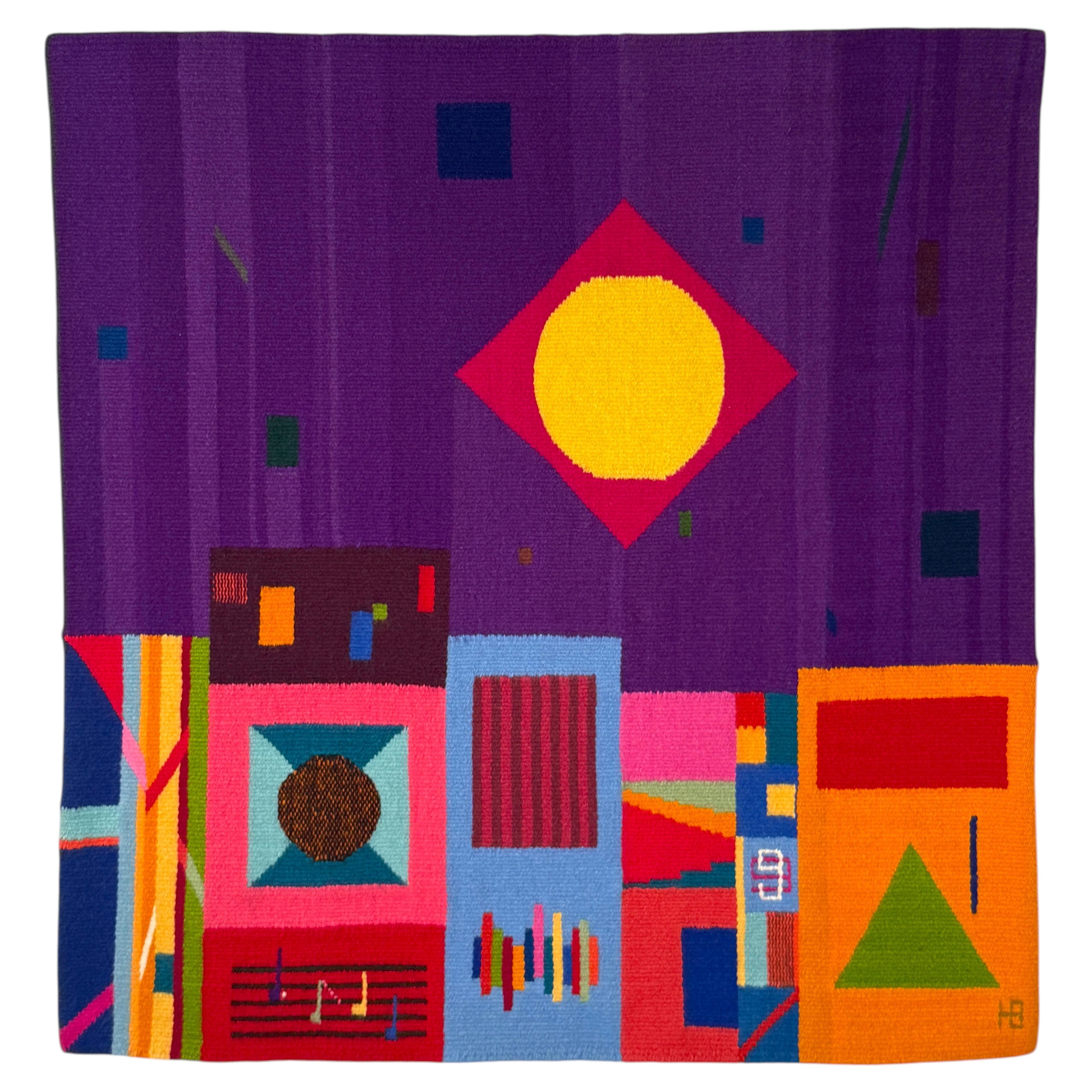 Modern Colorful Geometric Fiber Art Wool Tapestry Wall Hanging by Helga Berry