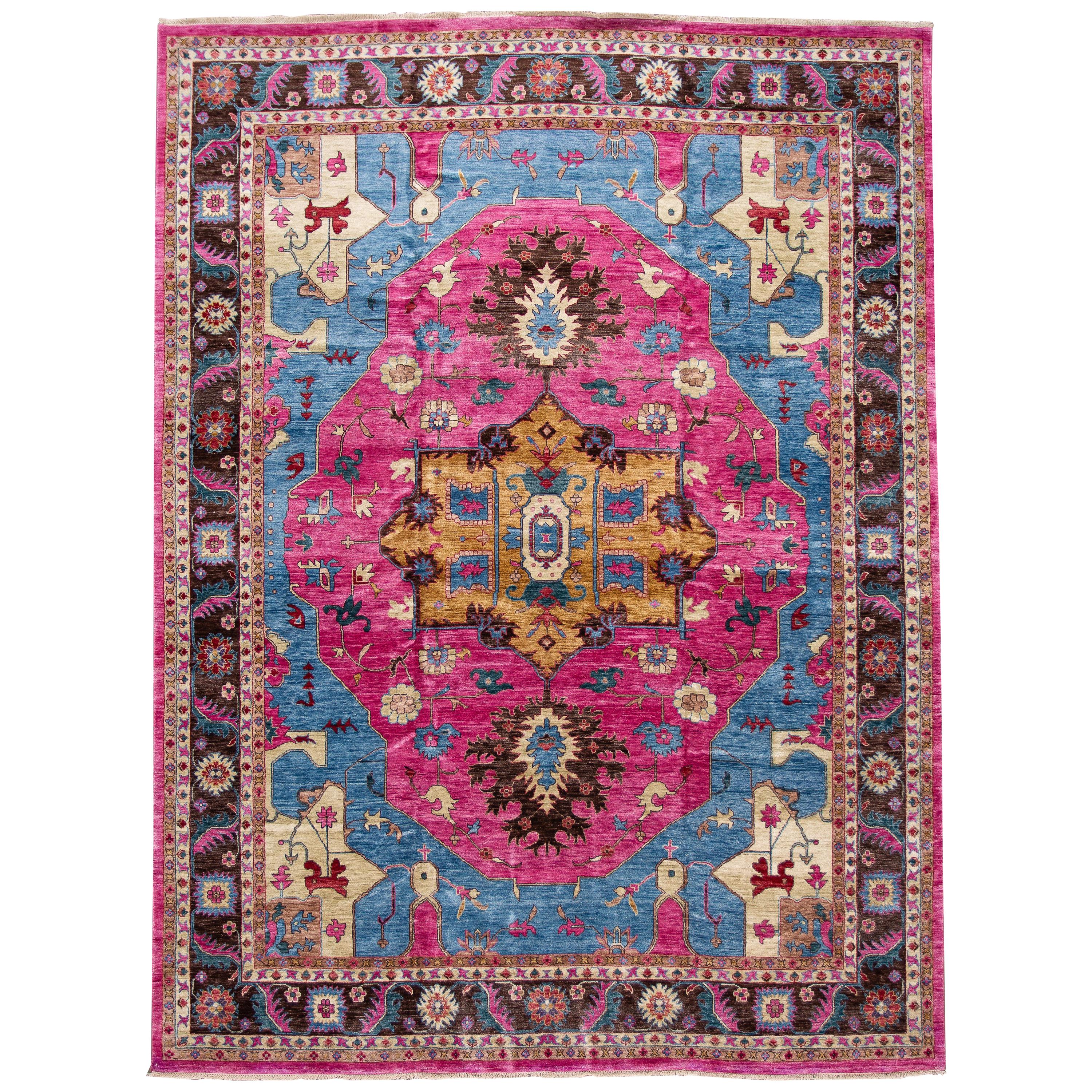 Modern Colorful Indian Wool and Silk Rug