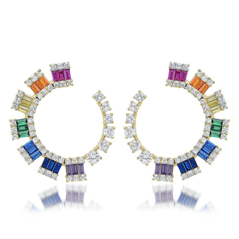 Silver rhodium-plated hoop earrings adorned with multicolored USA zirconias. The sun does not spoil us every day, and these earrings are a guarantee of your sunny, joyful mood under any circumstances!

Earrings (Matching in White and Yellow
