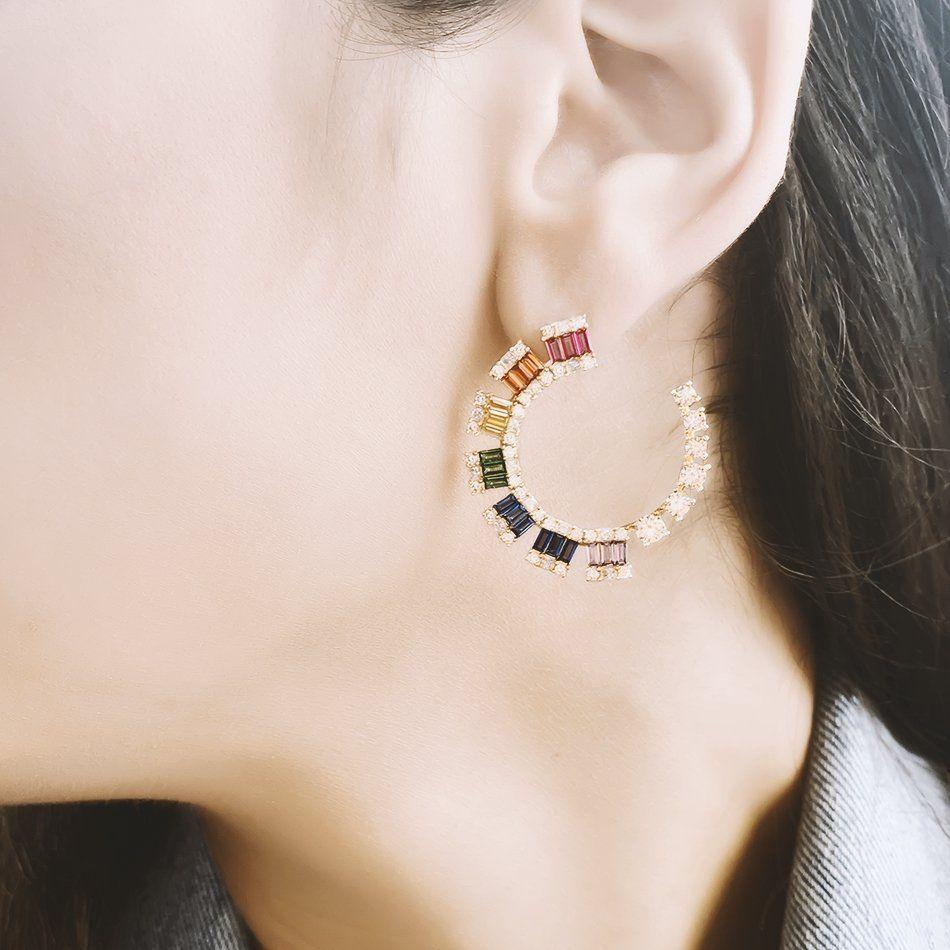 Round Cut Modern Colorful Zirconia Half Circle Gold-Plated Silver Earrings