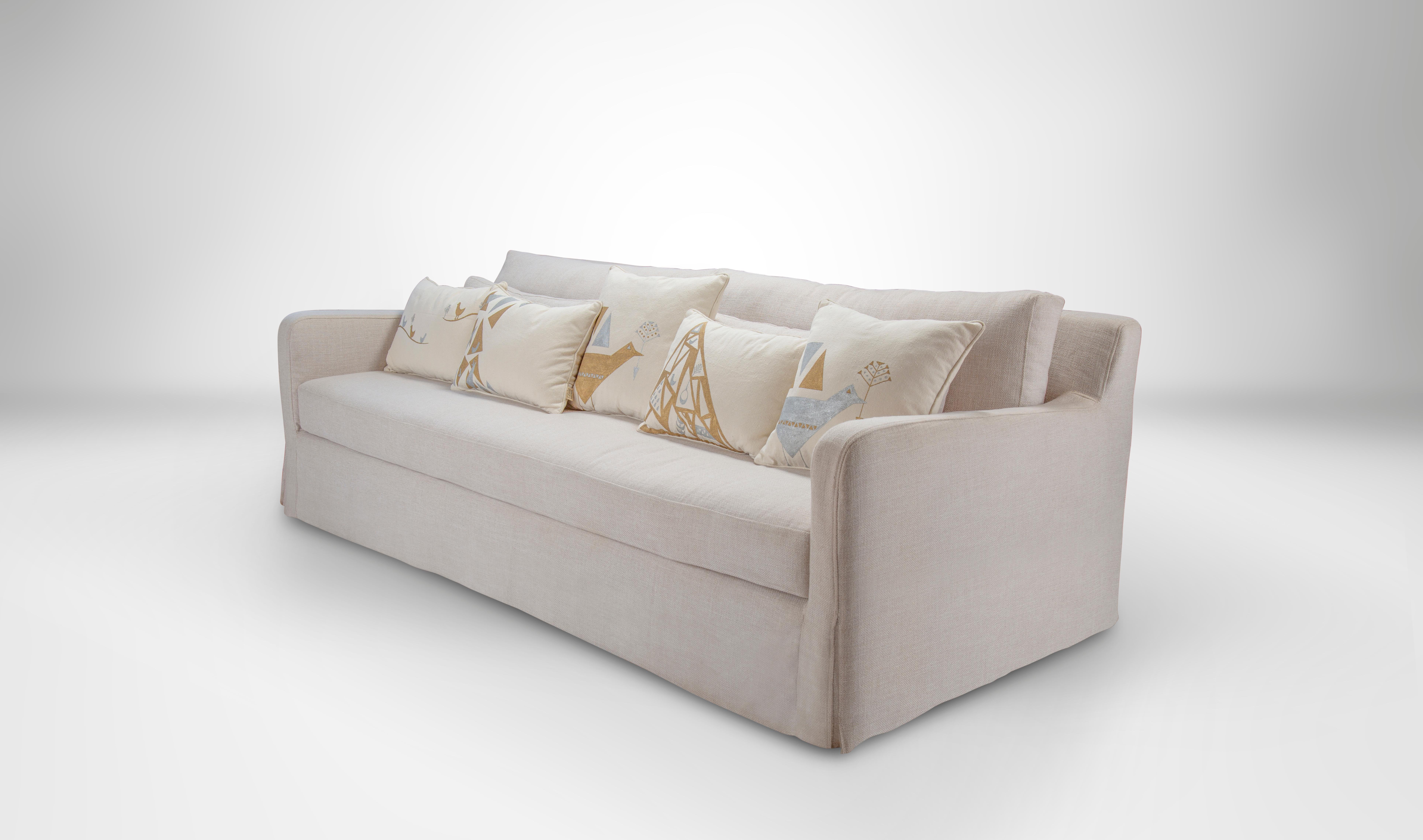 Modern Comfortable Slip-on 3-Seater Sofa with Double Stitching and Foam Filling.
It’s all in the details; the fine double-seamed finish, subtle slanting arm rest and discreet slits on the bottom corners are what make our Modern Slip-On sofa so
