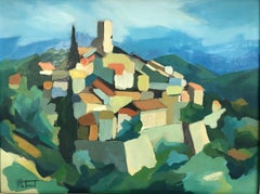 Modern composition oil on canvas by Michel Ferbert, 1950, Southern landscape