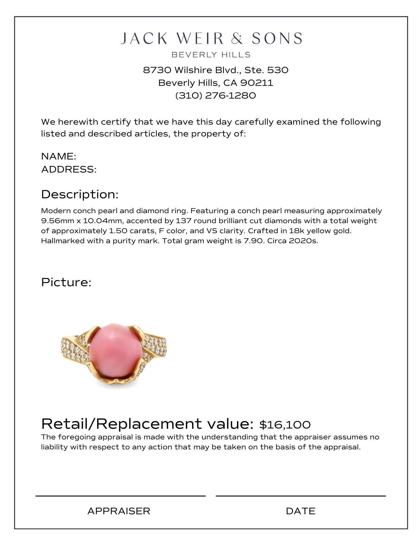 Bague moderne en or jaune 18 carats avec perles de conque et diamants Excellent état - En vente à Beverly Hills, CA