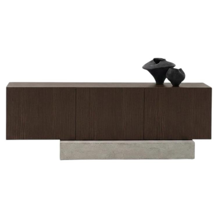 Modern Concrete Base and Moka-Stained Ash Wood Sideboard Buffet Mogg Block