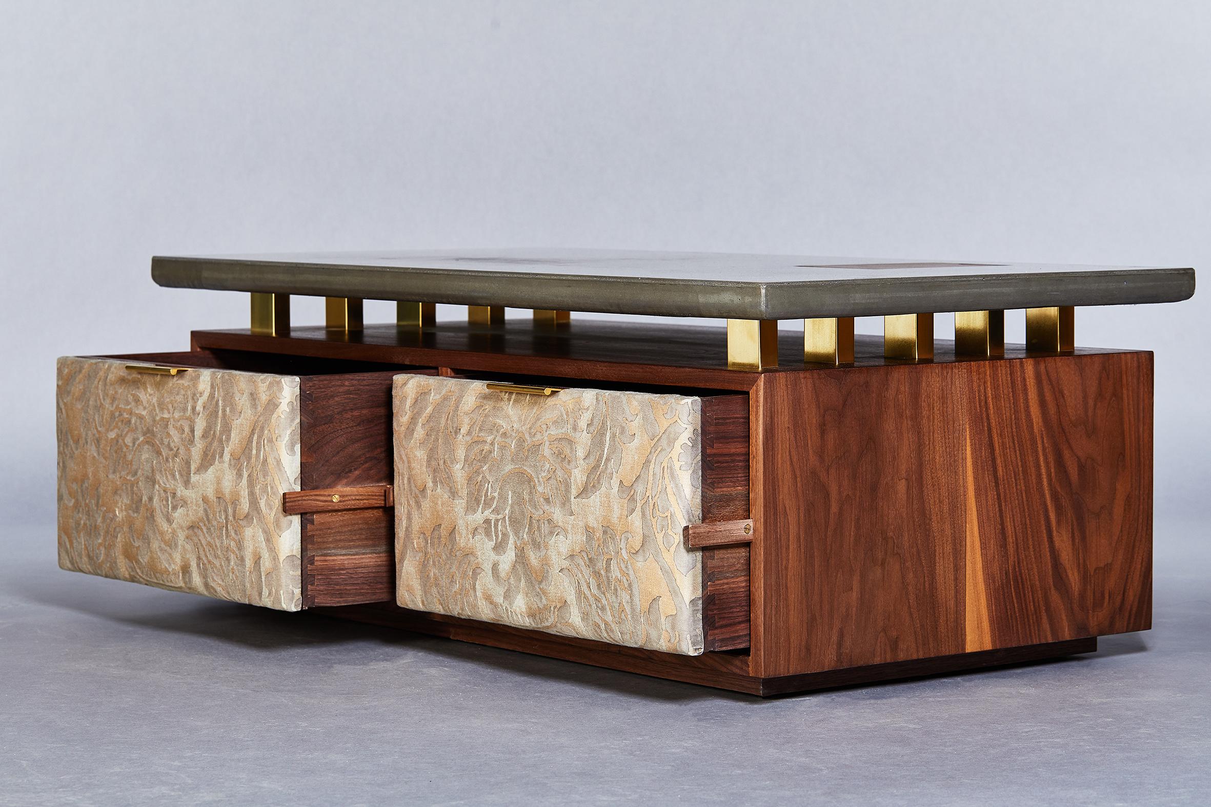 Modern Concrete Brass and Walnut Coffee Table with Sliding Drawers and Stash Box For Sale 2