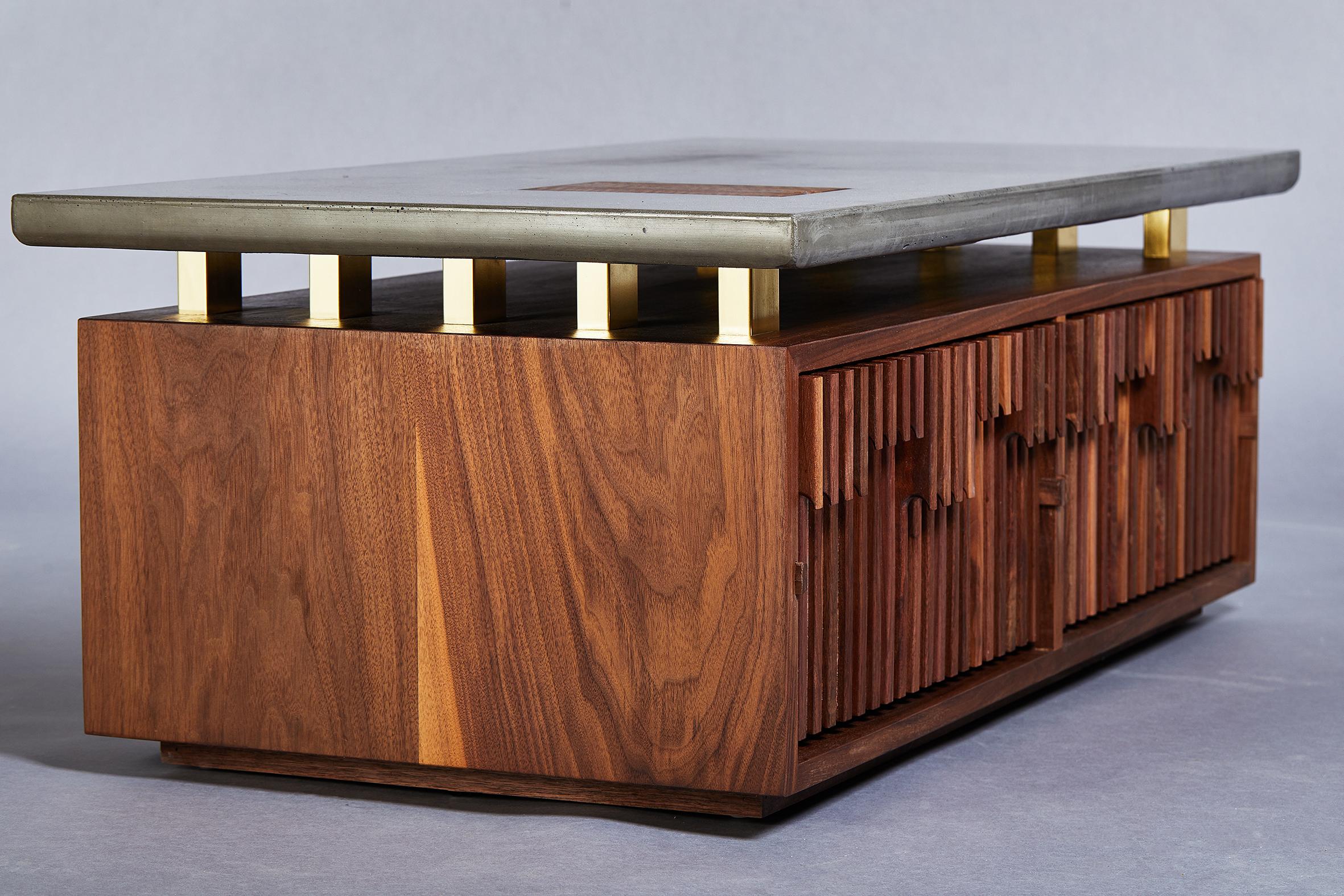 Modern Concrete Brass and Walnut Coffee Table with Sliding Drawers and Stash Box For Sale 5