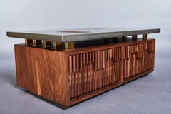 Modern Concrete Brass and Walnut Coffee Table with Sliding Drawers and Stash Box