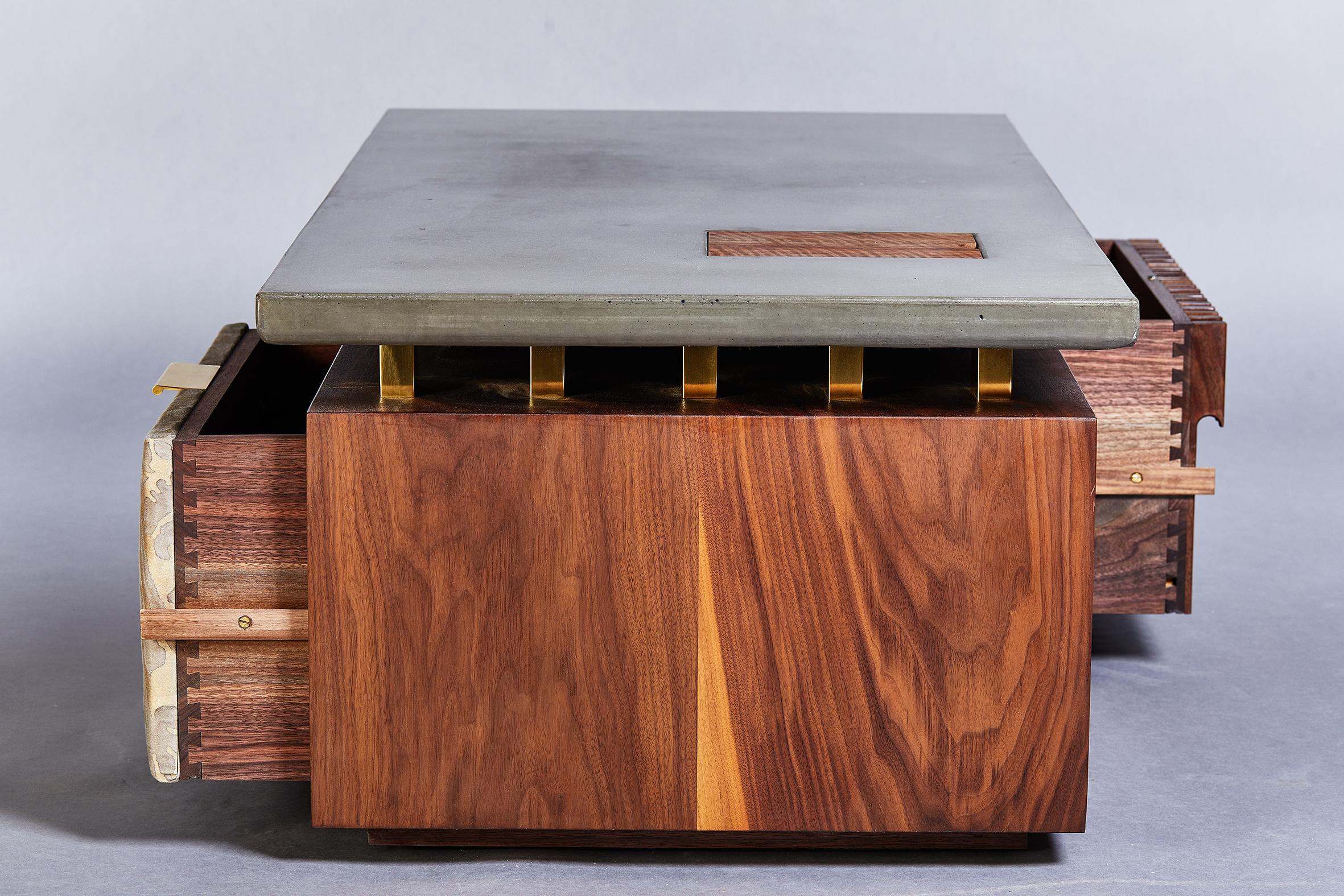 Lacquered Modern Concrete Brass and Walnut Coffee Table with Sliding Drawers and Stash Box For Sale